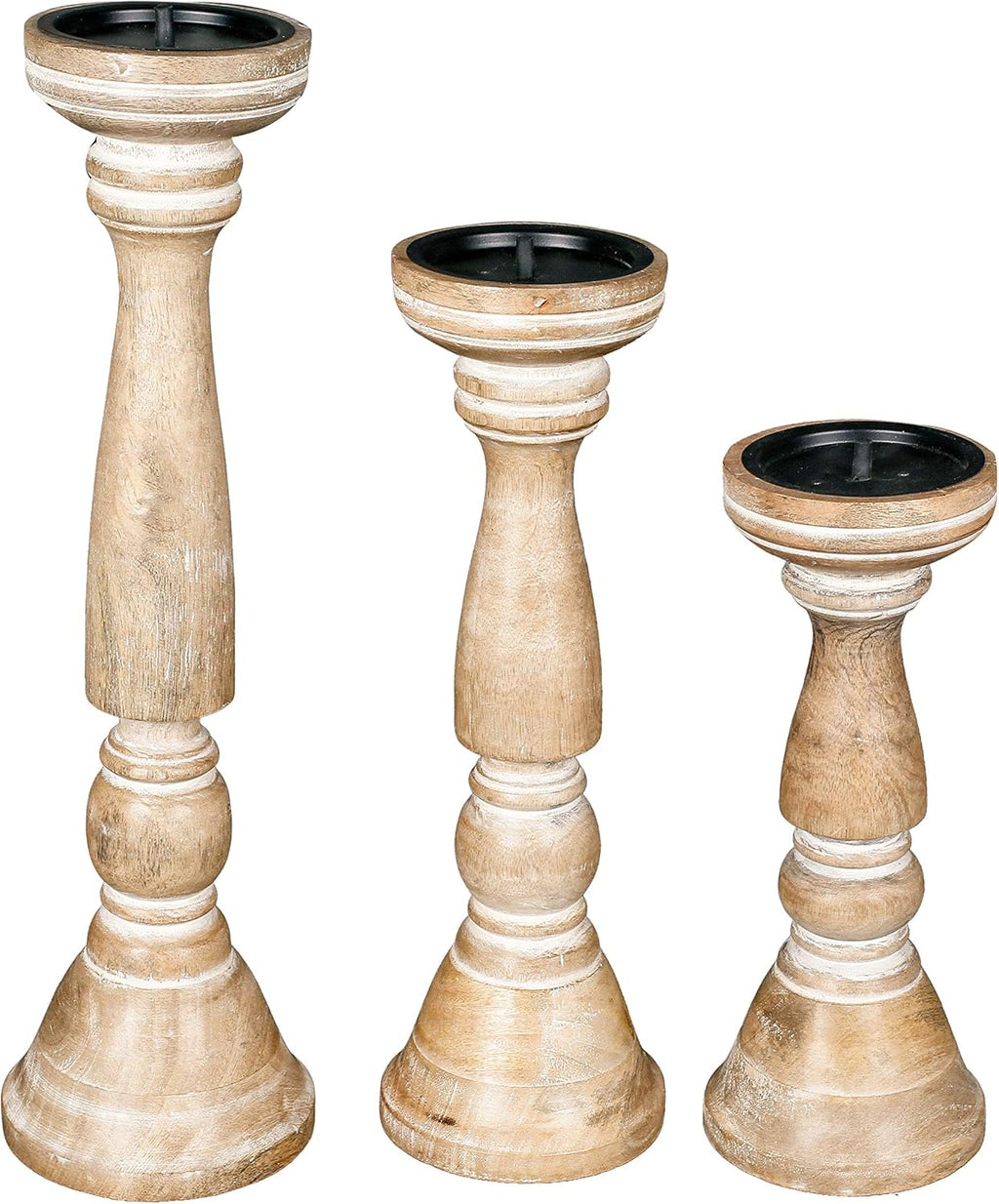 Pillar Candle Holders Set of 3 (16",14" & 12" Height)_White Wash,Candle Holder in Mango Real Wood,Decorative Candle Holders for Table Centerpiece, Wedding, Party, Home Décor, Spa, Farmhouse, Gifting