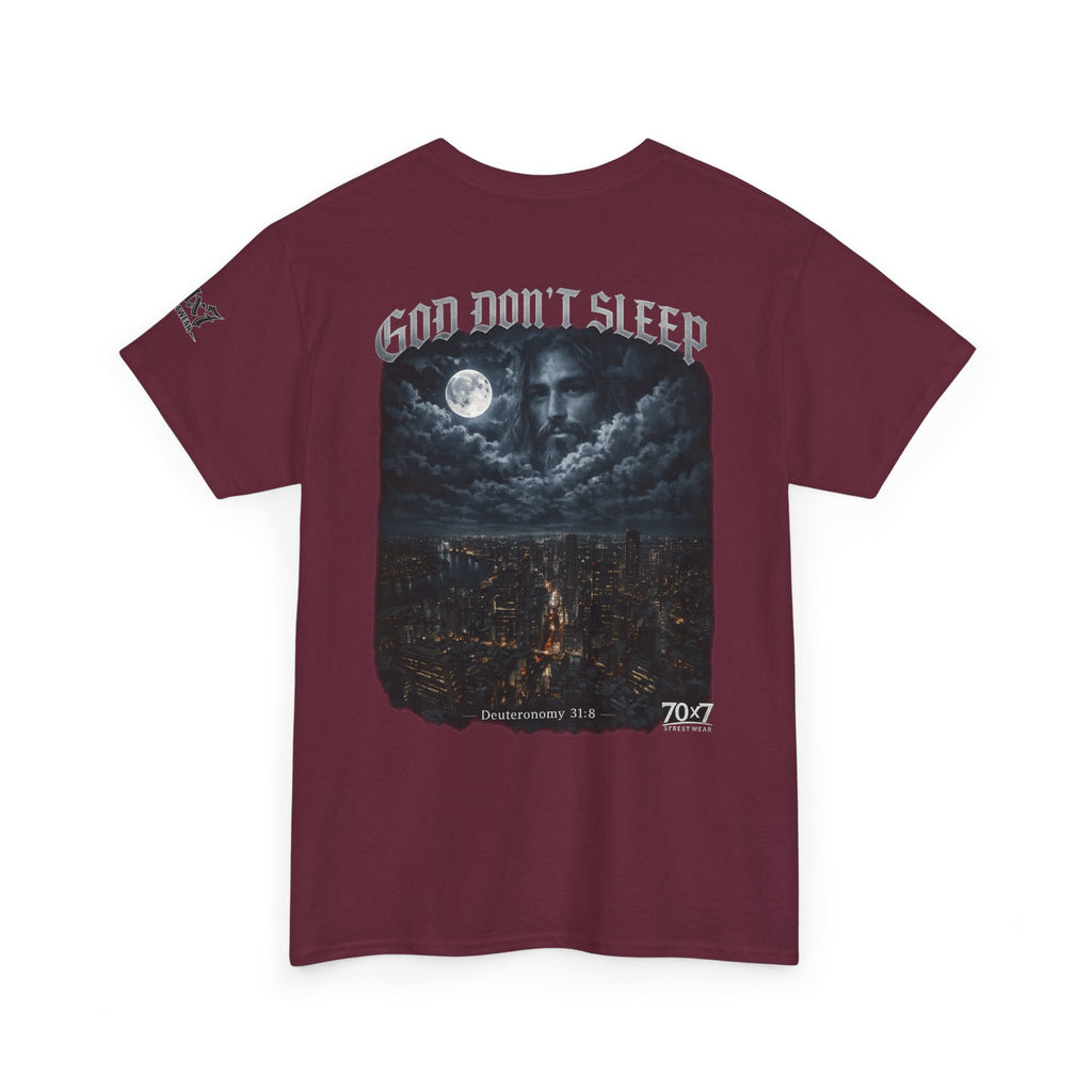 70x7 Streetwear - God Don't Sleep Graphic Tee — Night Cityscape Streetwear