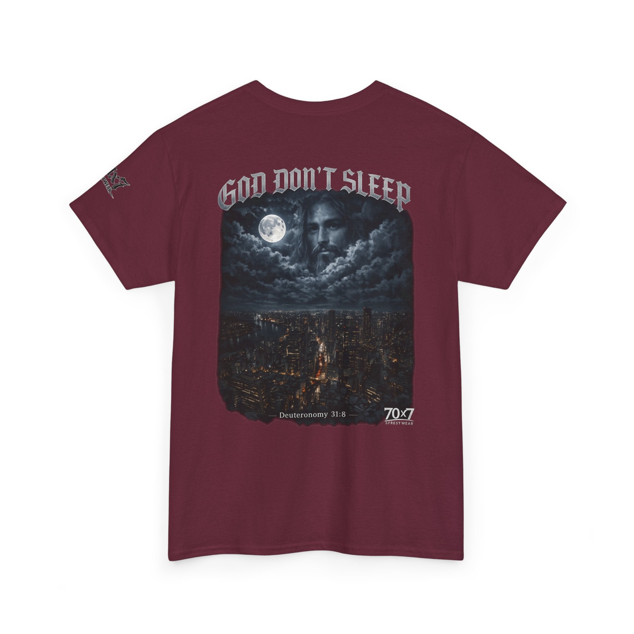 70x7 Streetwear - God Don't Sleep Graphic Tee — Night Cityscape Streetwear