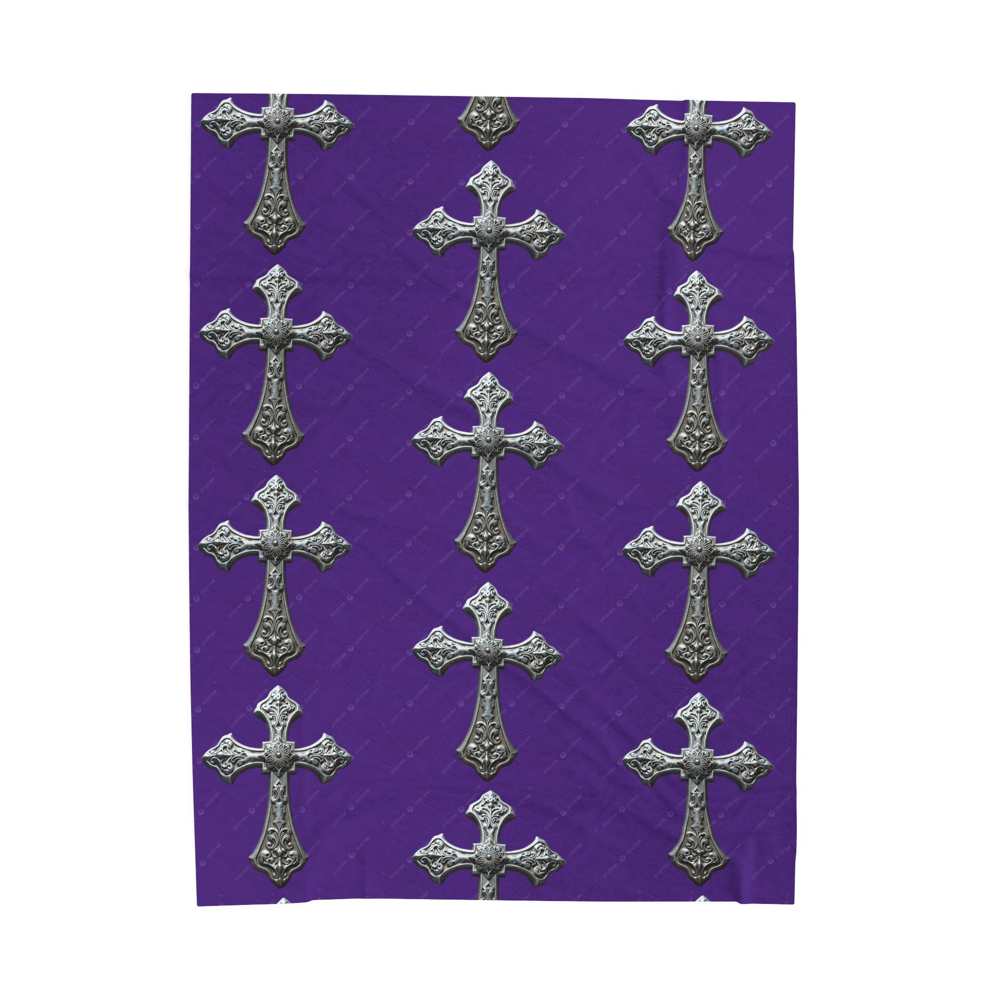 Velveteen Plush Blanket — Gothic Silver Cross Pattern on Purple