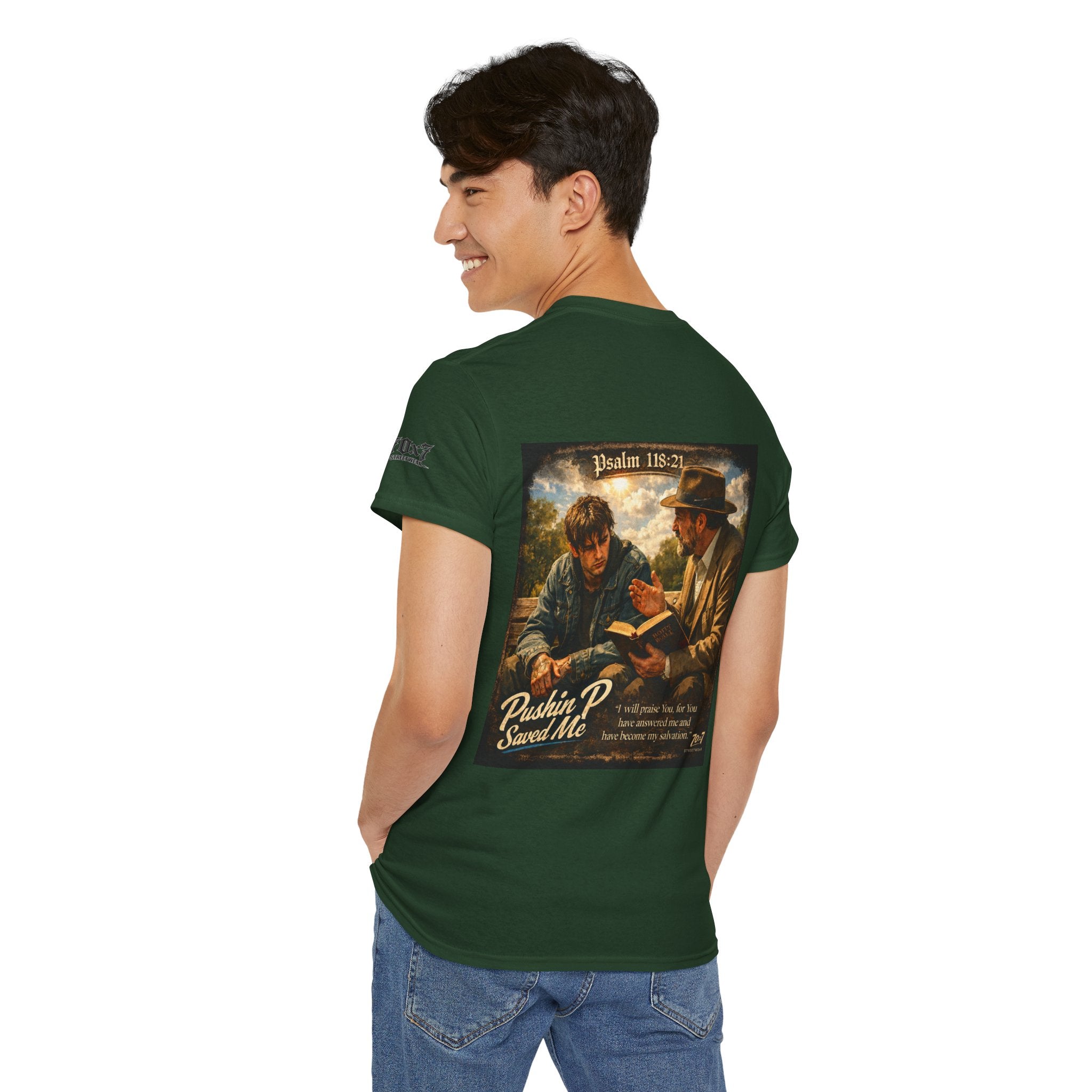 70x7 Streetwear — “Pushin P Saved Me” Psalm 118:24 Graphic T-Shirt