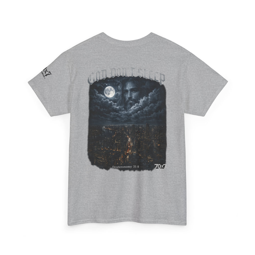 70x7 Streetwear - God Don't Sleep Graphic Tee — Night Cityscape Streetwear