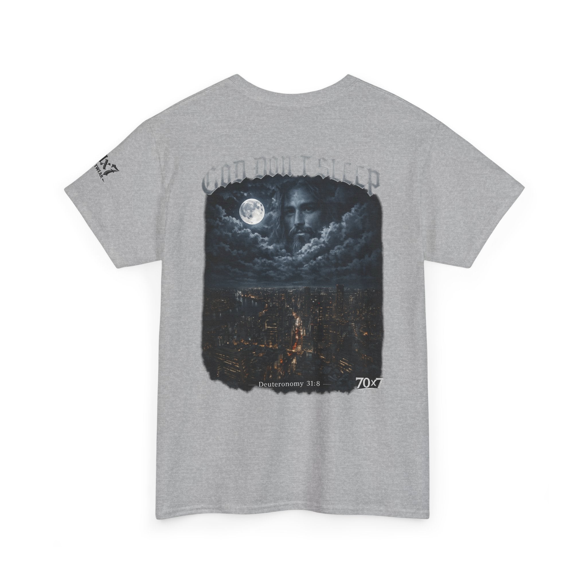 70x7 Streetwear - God Don't Sleep Graphic Tee — Night Cityscape Streetwear
