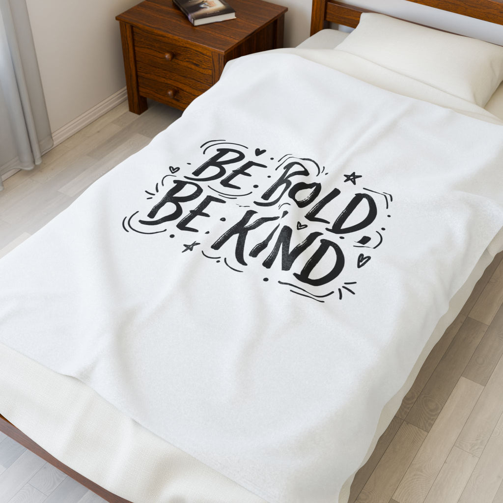 Be Bold Be Kind Velveteen Plush Blanket | Handwritten Marker Brush Script, Cozy Cream