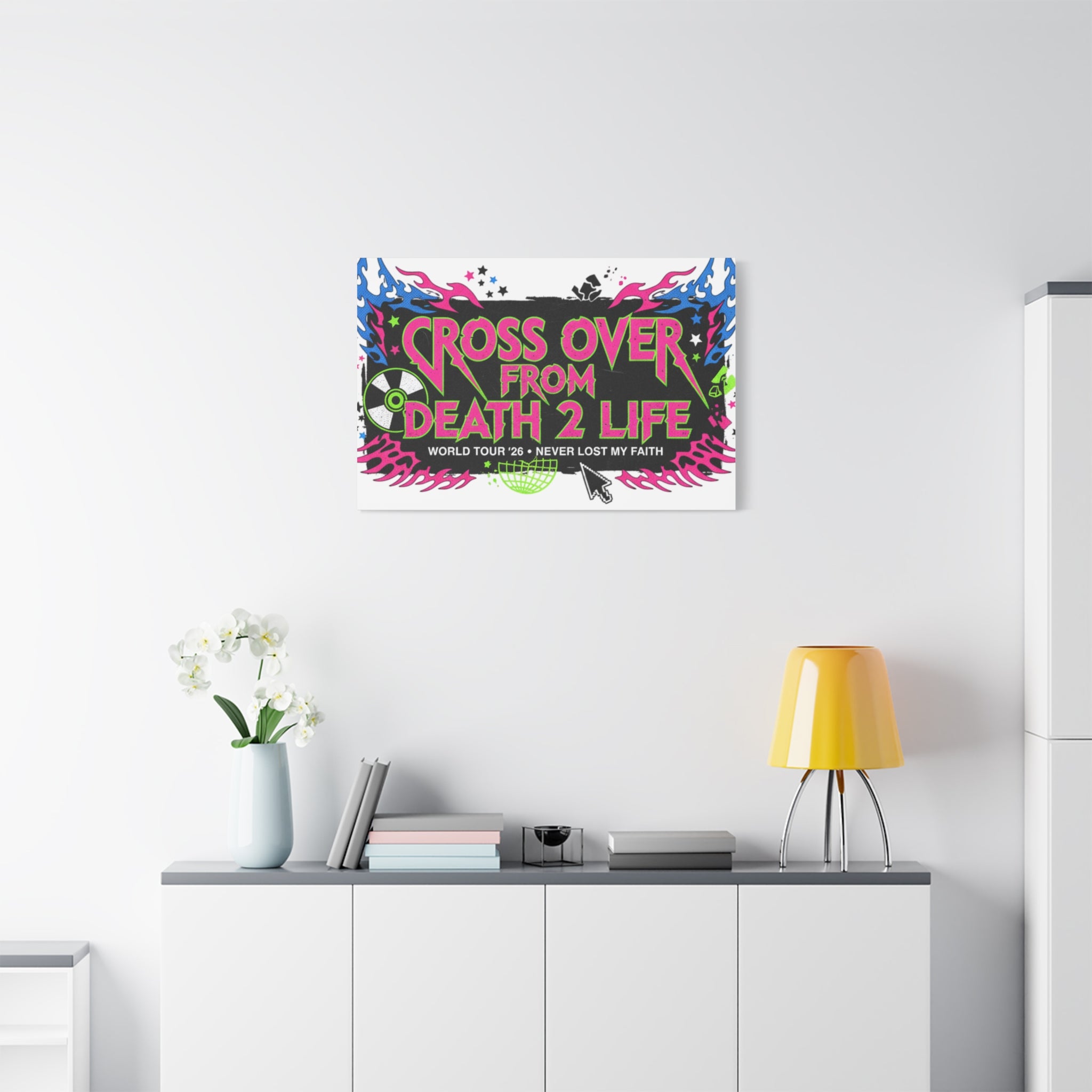 Canvas Wall Art — “Cross Over From Death 2 Life” Neon Rock Poster