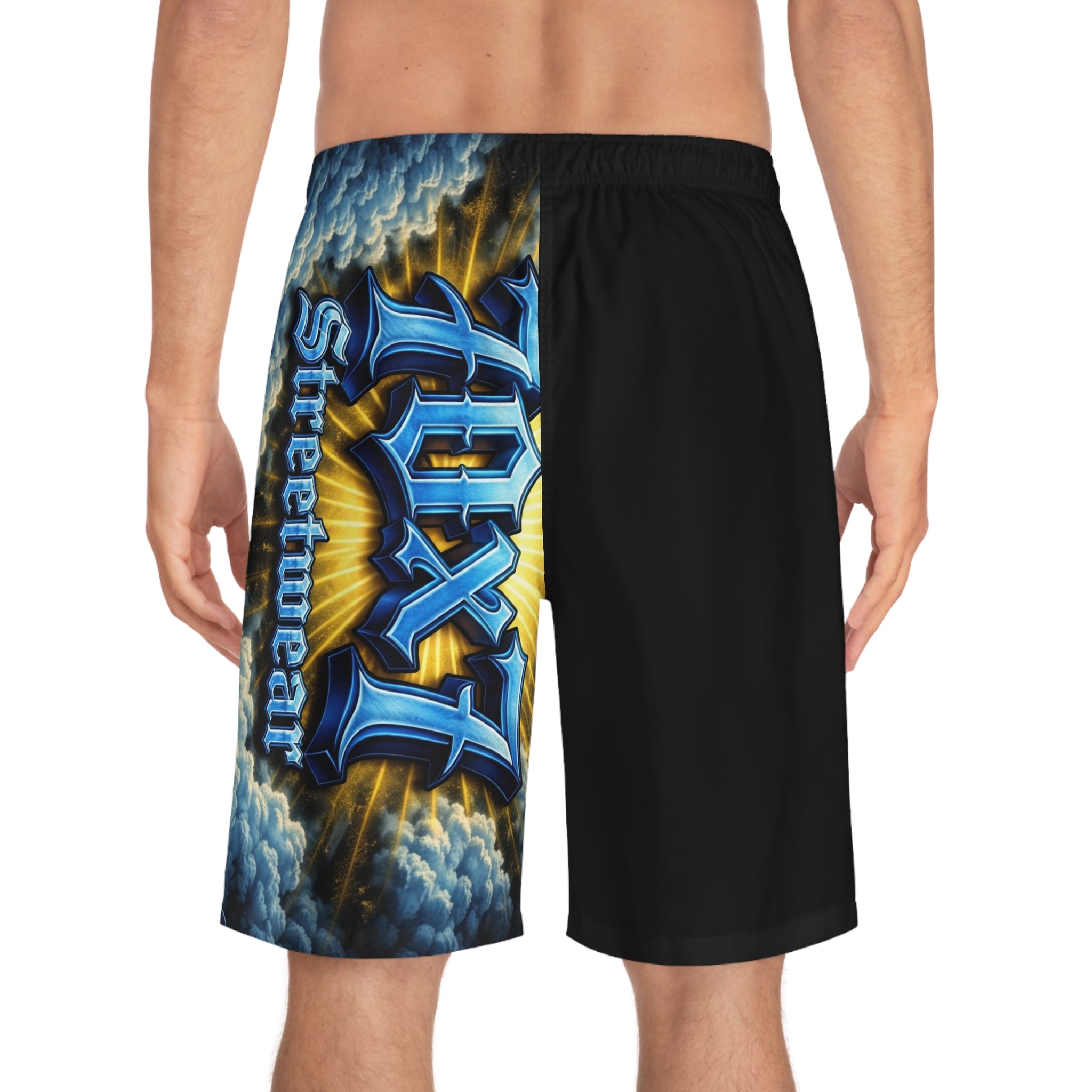 70x7 Streetwear Men's Board Shorts — Bold Blue Graffiti Graphic