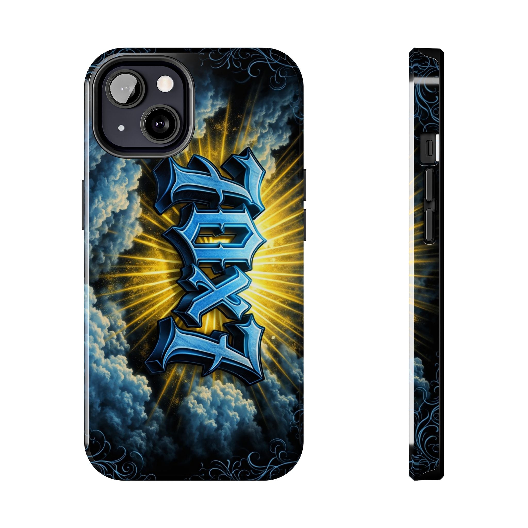 70x7 Streetwear - Tough Phone Case — Bold Blue Graffiti Name with Sunburst Clouds
