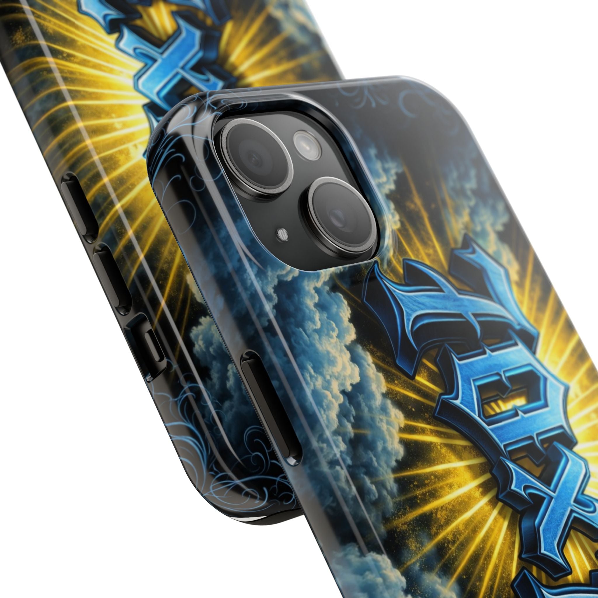 70x7 Streetwear - Tough Phone Case — Bold Blue Graffiti Name with Sunburst Clouds