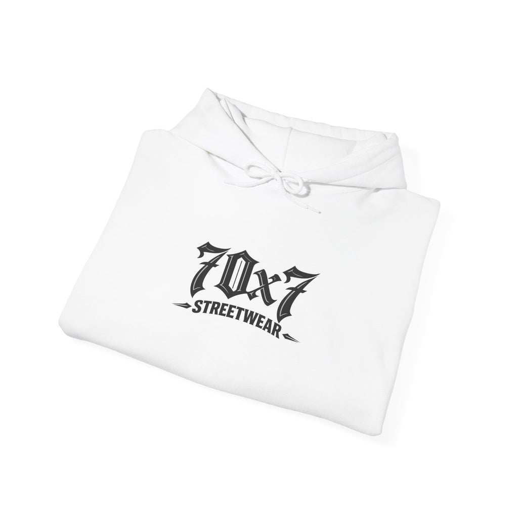 70x7 Streetwear Familia Hoodie — Graphic White Pullover with Back Album-Style Print