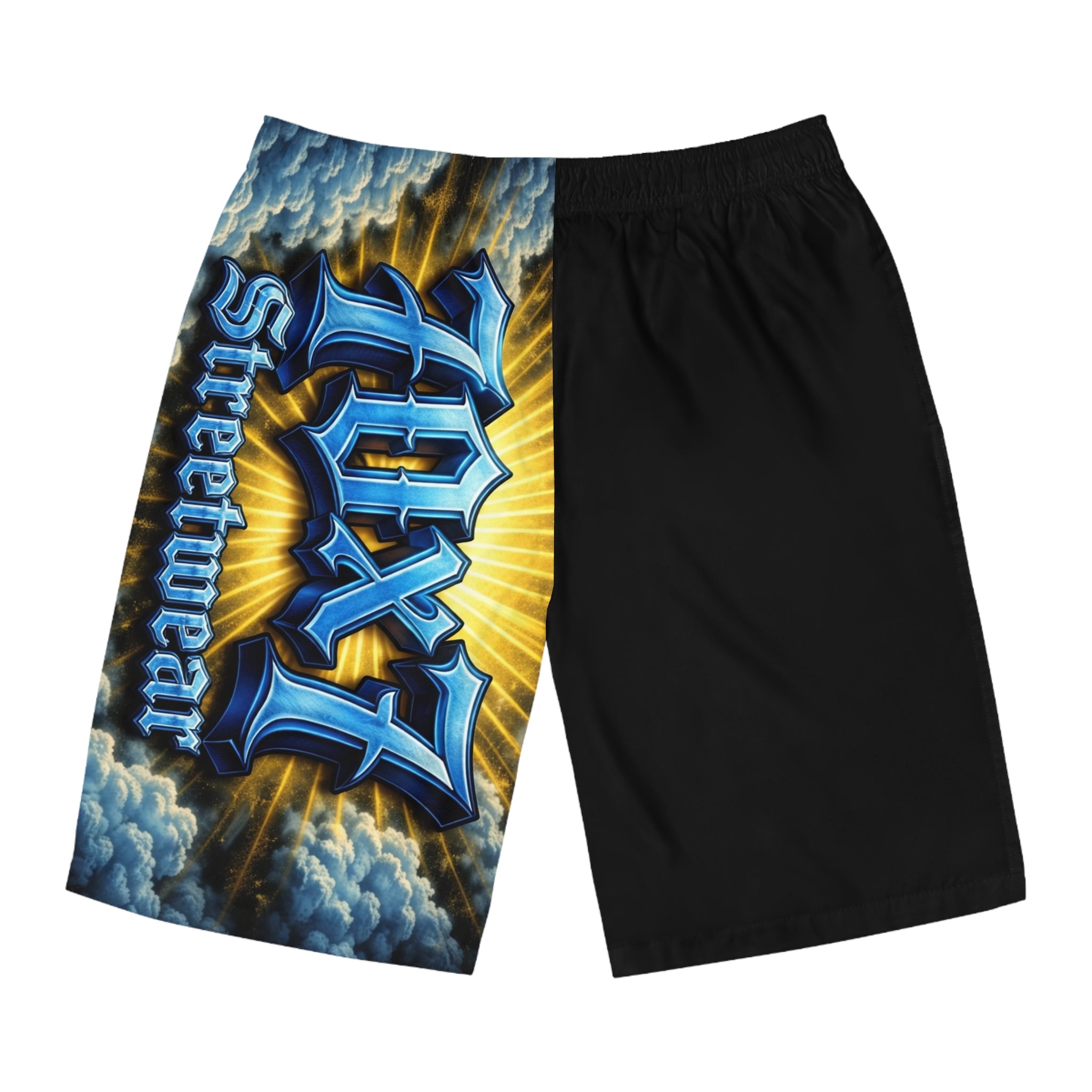 70x7 Streetwear Men's Board Shorts — Bold Blue Graffiti Graphic
