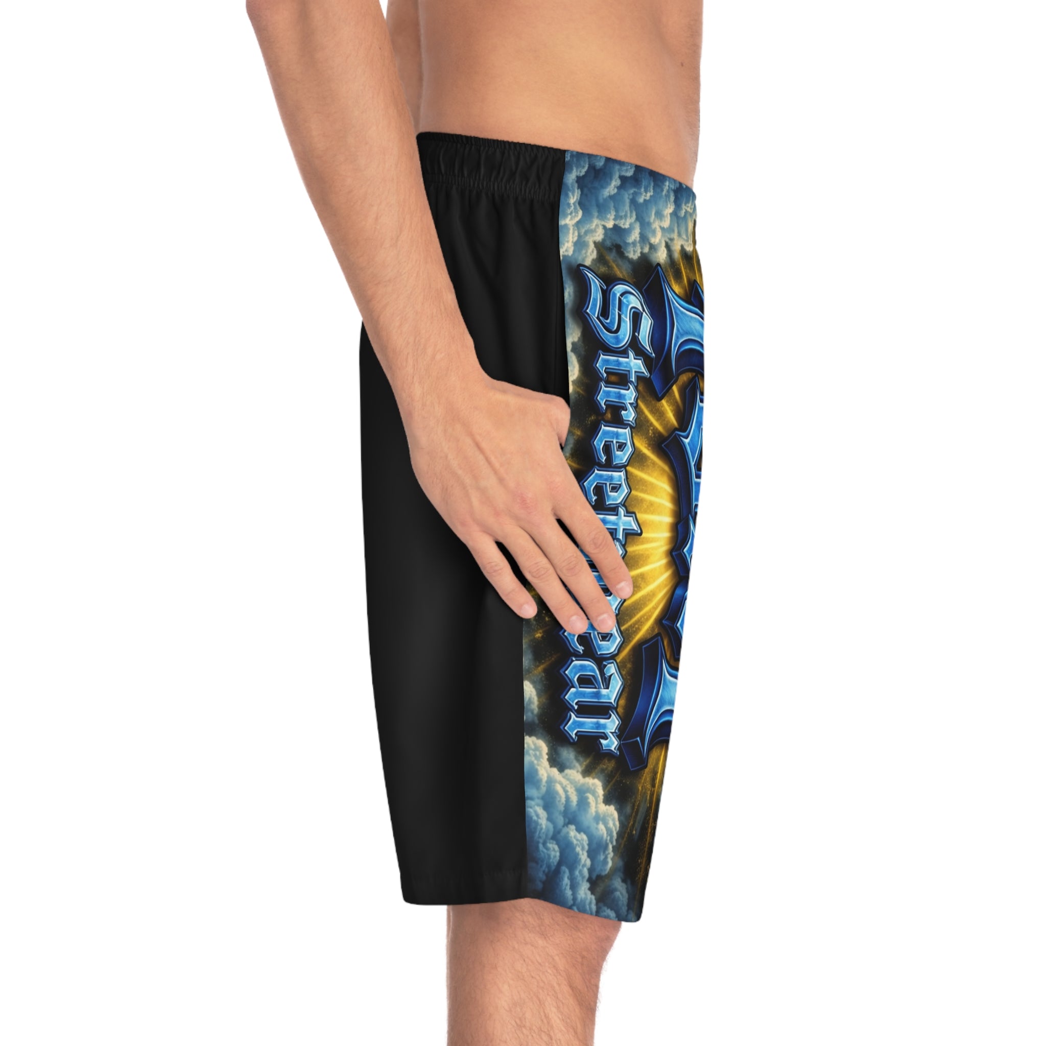 70x7 Streetwear Men's Board Shorts — Bold Blue Graffiti Graphic
