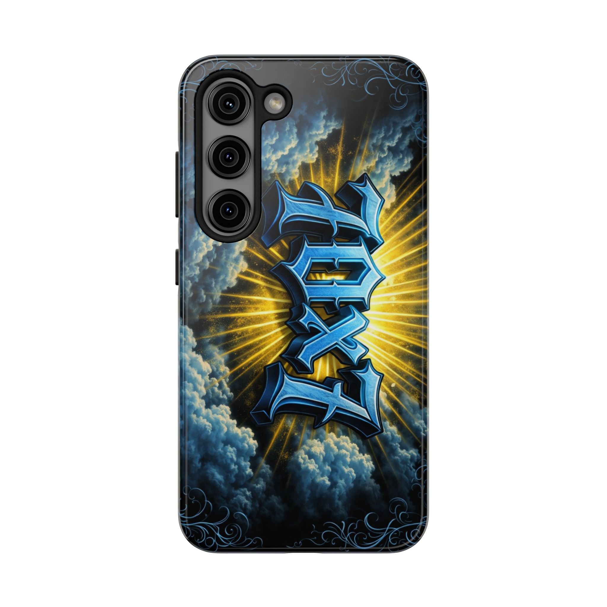 70x7 Streetwear - Tough Phone Case — Bold Blue Graffiti Name with Sunburst Clouds
