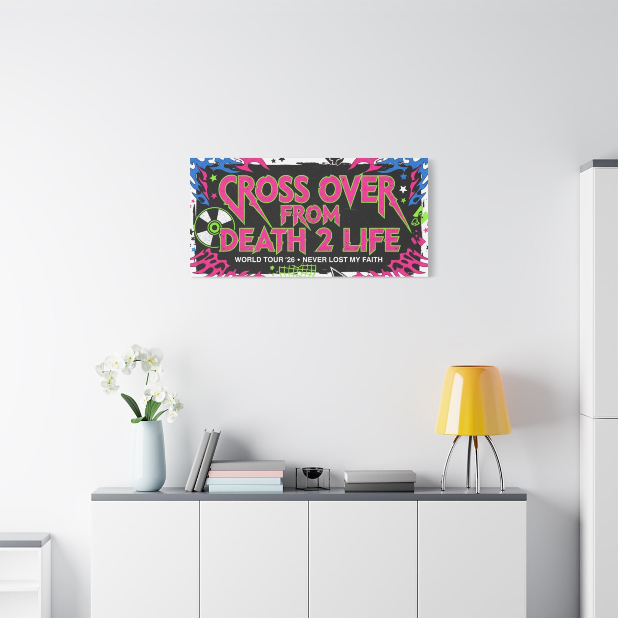 Canvas Wall Art — “Cross Over From Death 2 Life” Neon Rock Poster