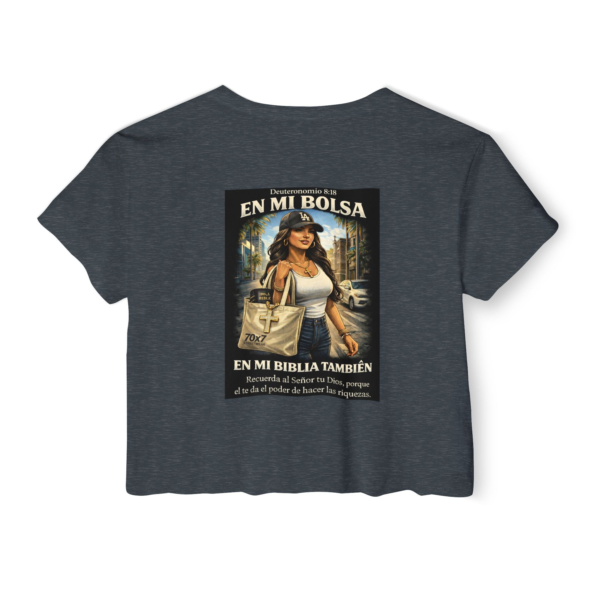 Women's Crop Top — "En Mi Bolsa, En Mi Biblia También" 70 x7 Streetwear Graphic
