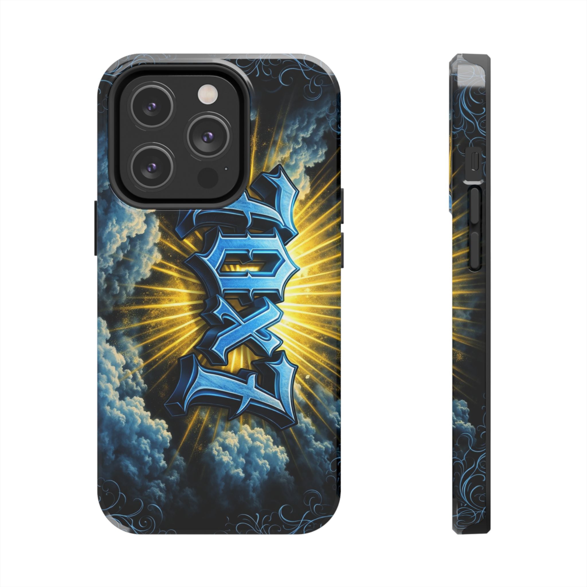 70x7 Streetwear - Tough Phone Case — Bold Blue Graffiti Name with Sunburst Clouds