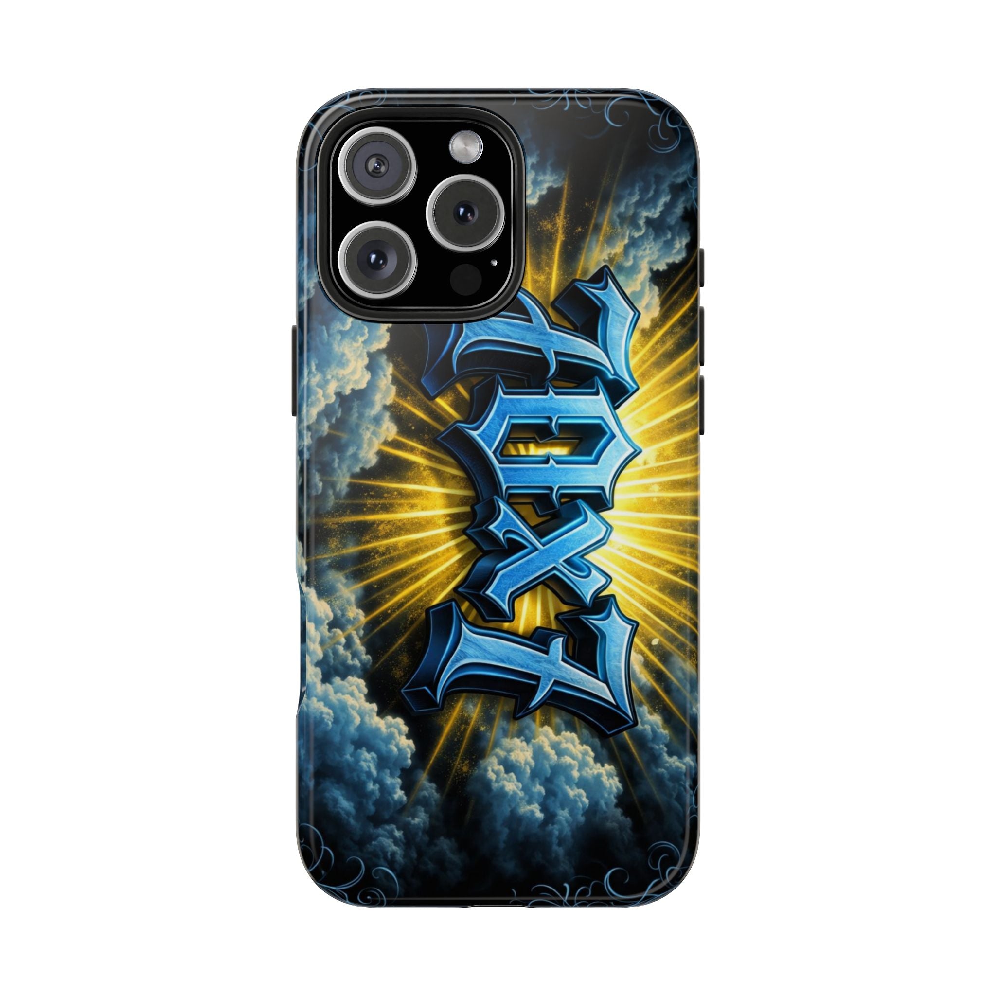 70x7 Streetwear - Tough Phone Case — Bold Blue Graffiti Name with Sunburst Clouds