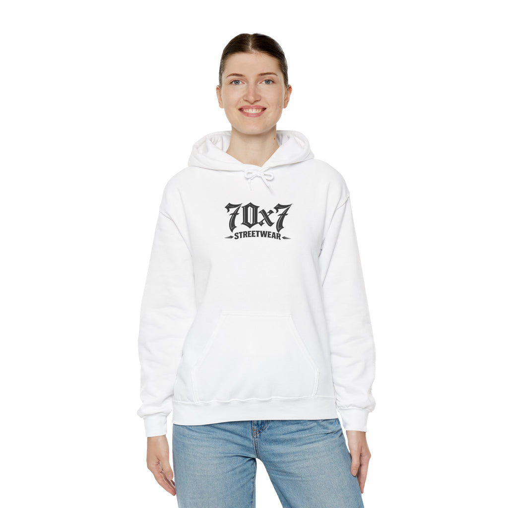 70x7 Streetwear Familia Hoodie — Graphic White Pullover with Back Album-Style Print