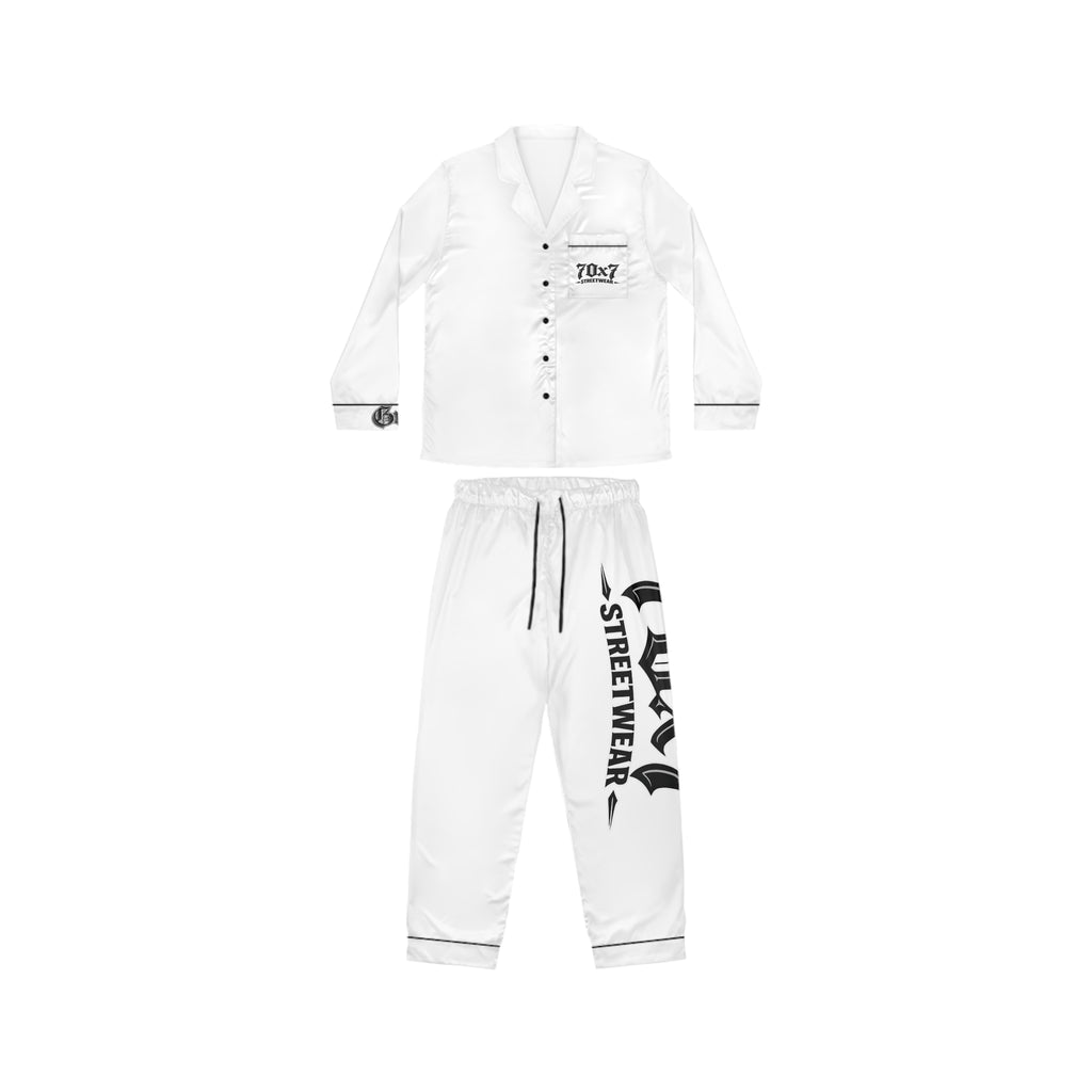 70x7 Streetwear Logo Satin Pajamas — White Lux Streetwear Sleep Set