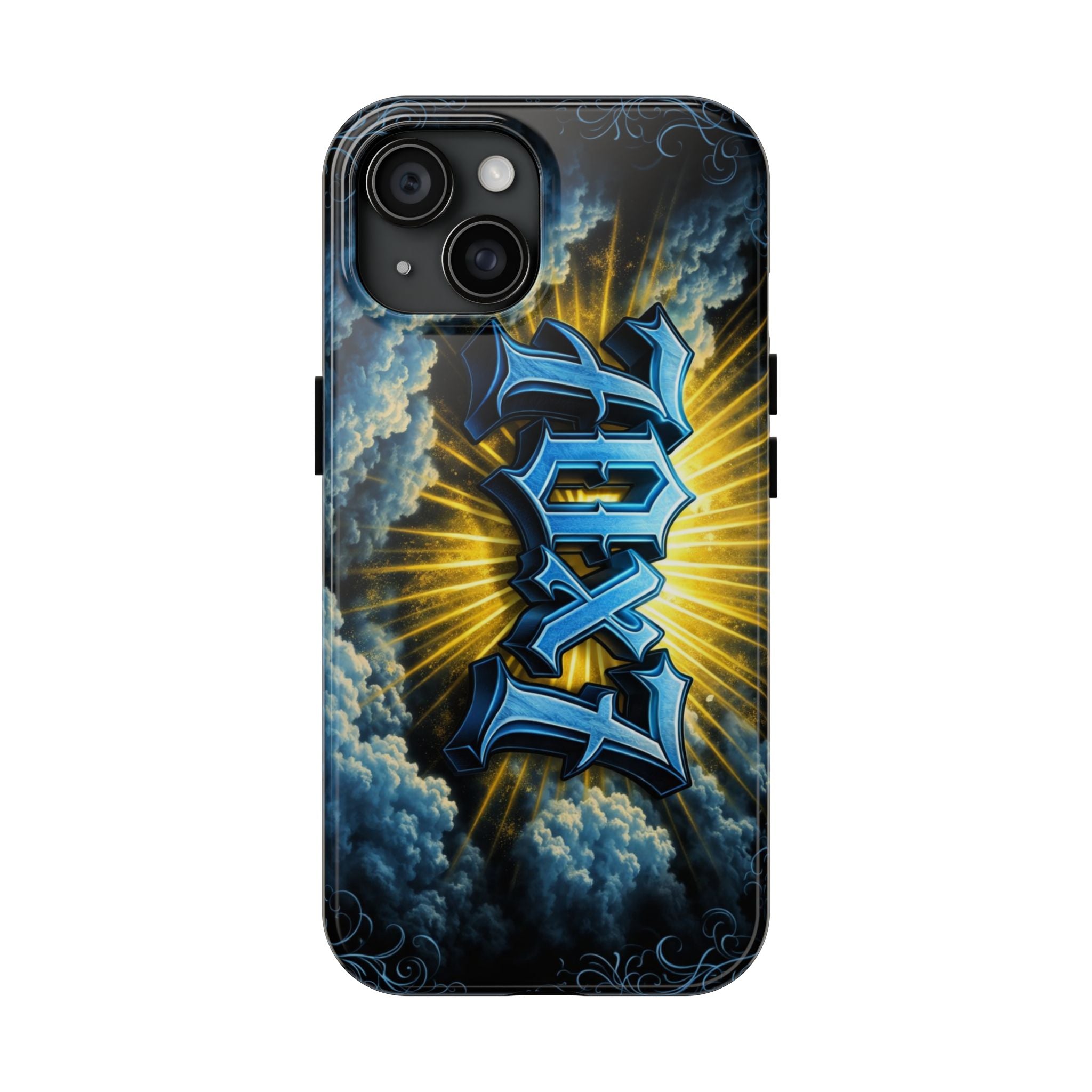 70x7 Streetwear - Tough Phone Case — Bold Blue Graffiti Name with Sunburst Clouds