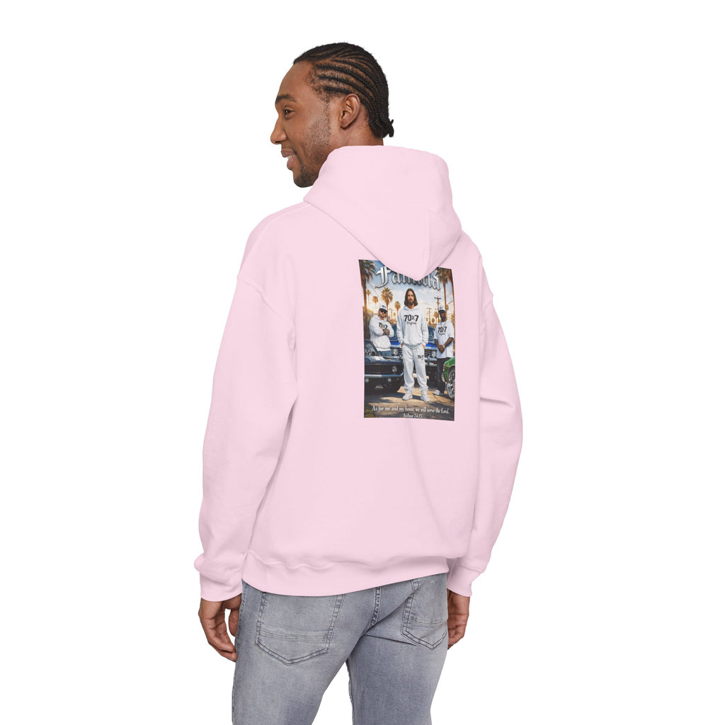 70x7 Streetwear Familia Hoodie — Graphic White Pullover with Back Album-Style Print