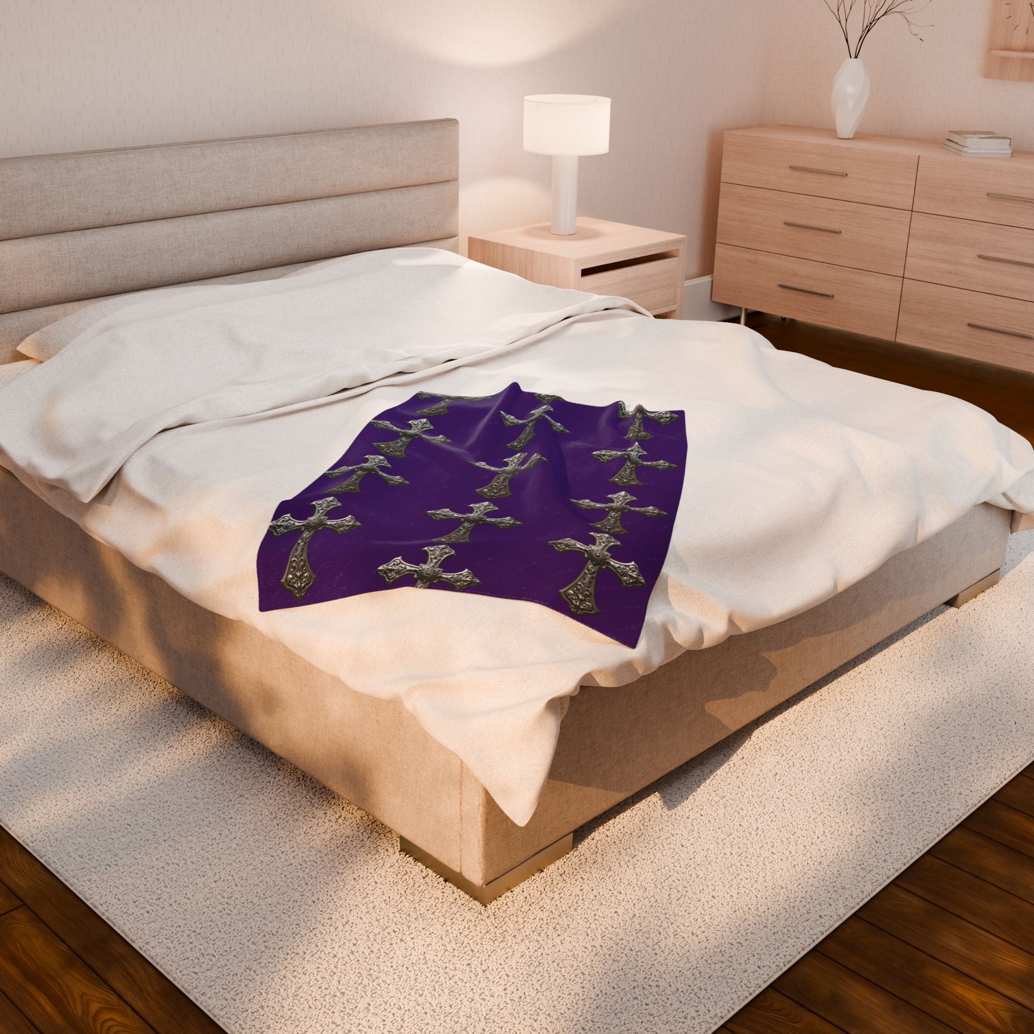 Velveteen Plush Blanket — Gothic Silver Cross Pattern on Purple