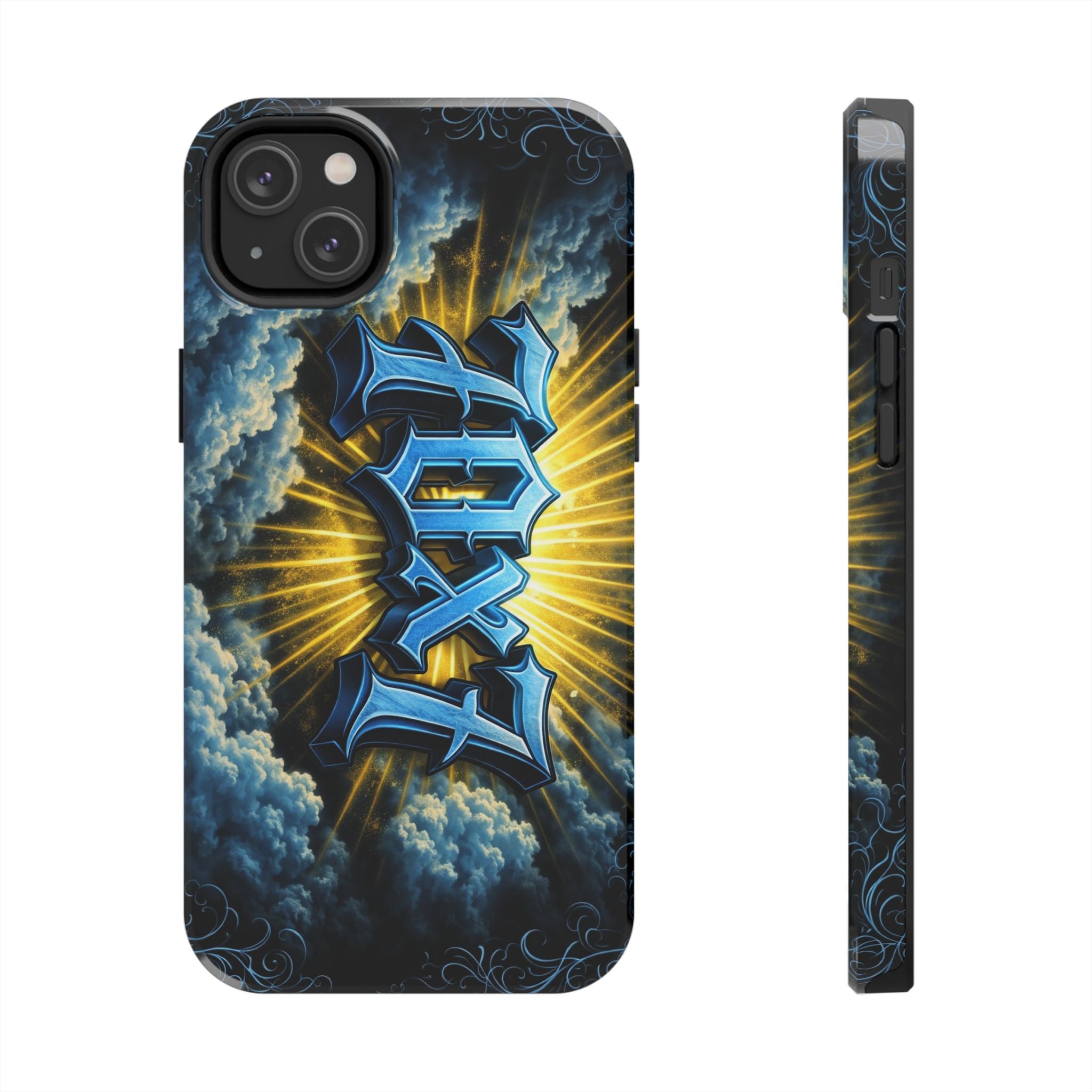 70x7 Streetwear - Tough Phone Case — Bold Blue Graffiti Name with Sunburst Clouds