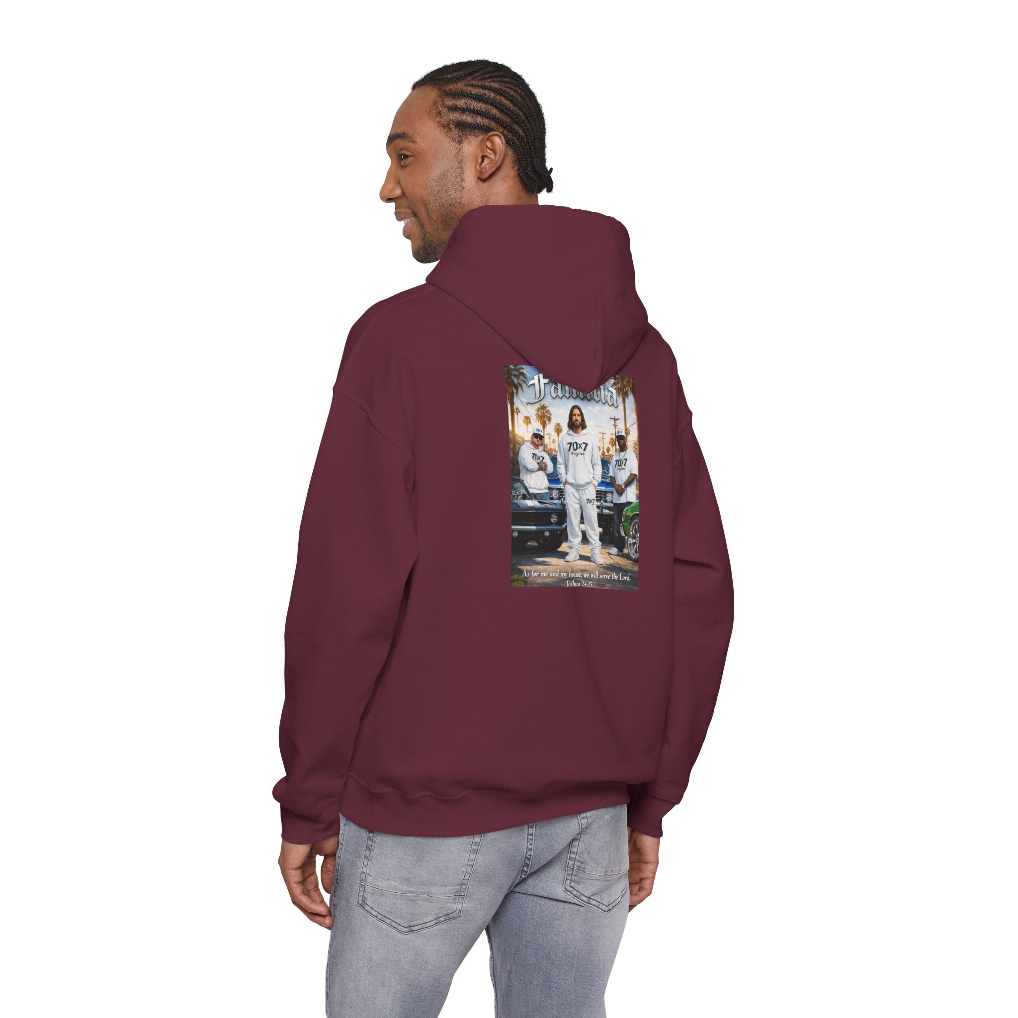 70x7 Streetwear Familia Hoodie — Graphic White Pullover with Back Album-Style Print