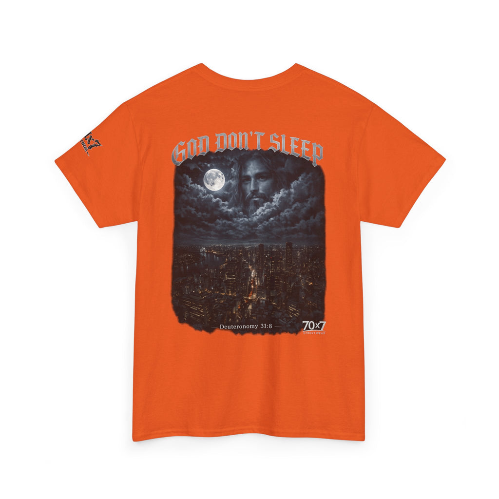70x7 Streetwear - God Don't Sleep Graphic Tee — Night Cityscape Streetwear