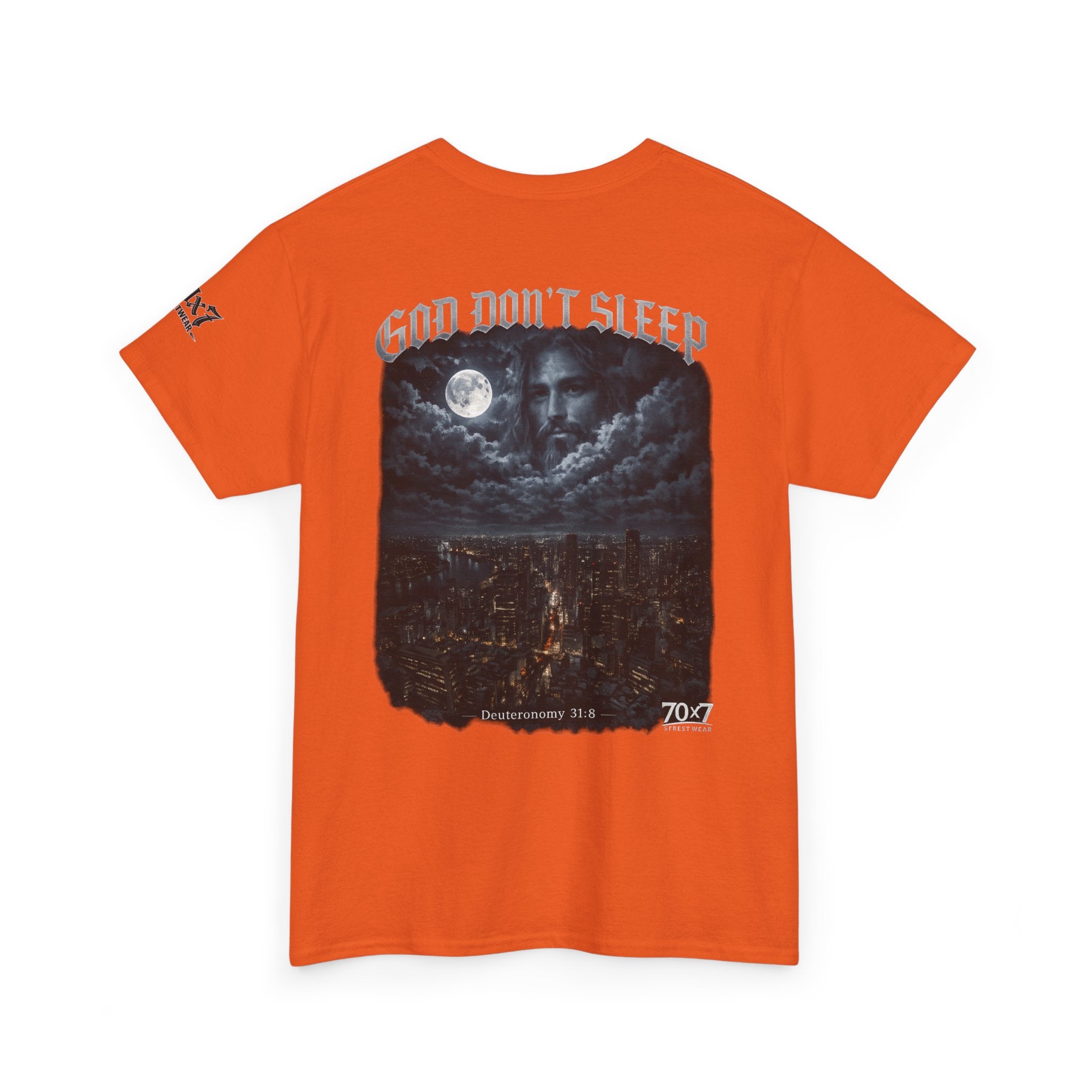 70x7 Streetwear - God Don't Sleep Graphic Tee — Night Cityscape Streetwear