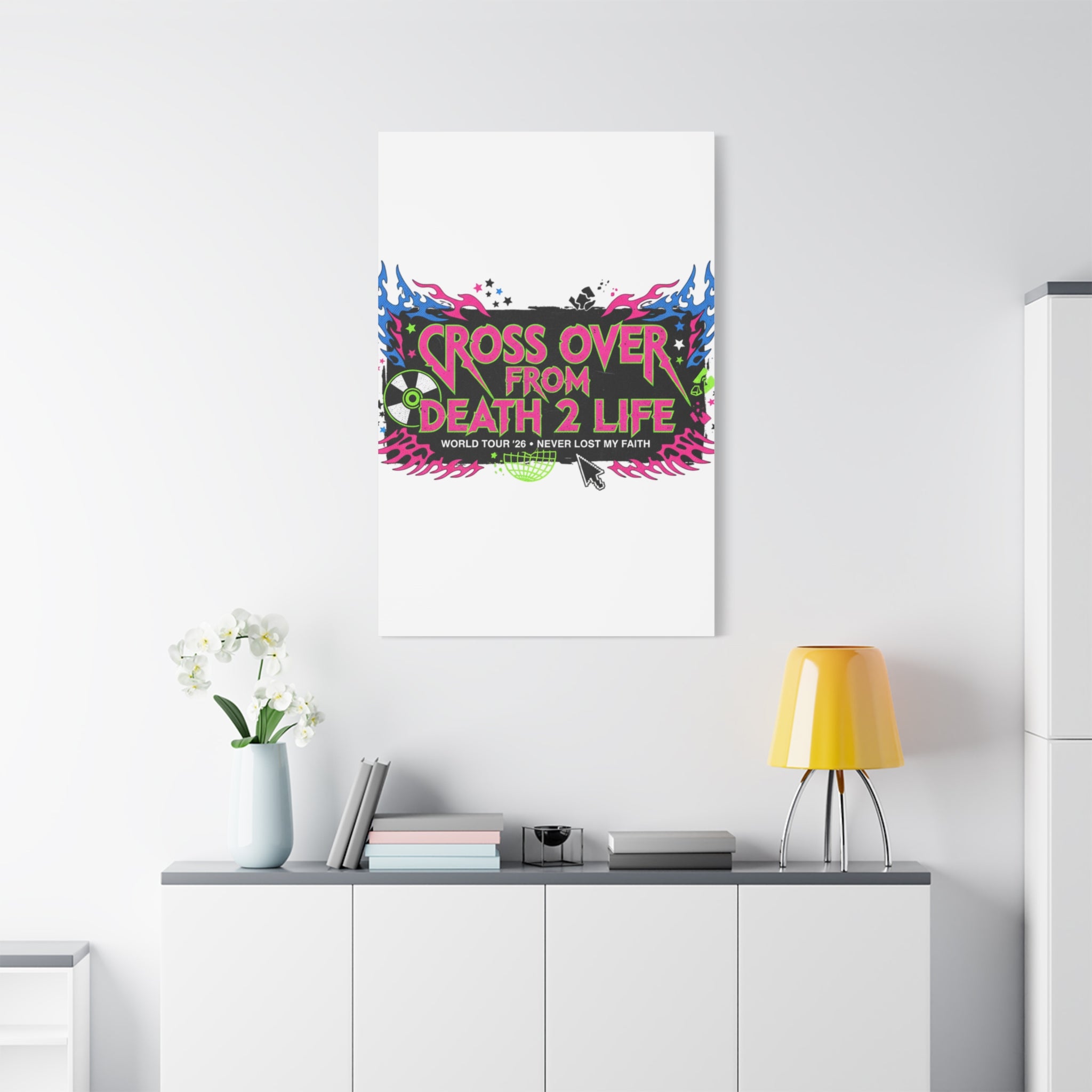 Canvas Wall Art — “Cross Over From Death 2 Life” Neon Rock Poster