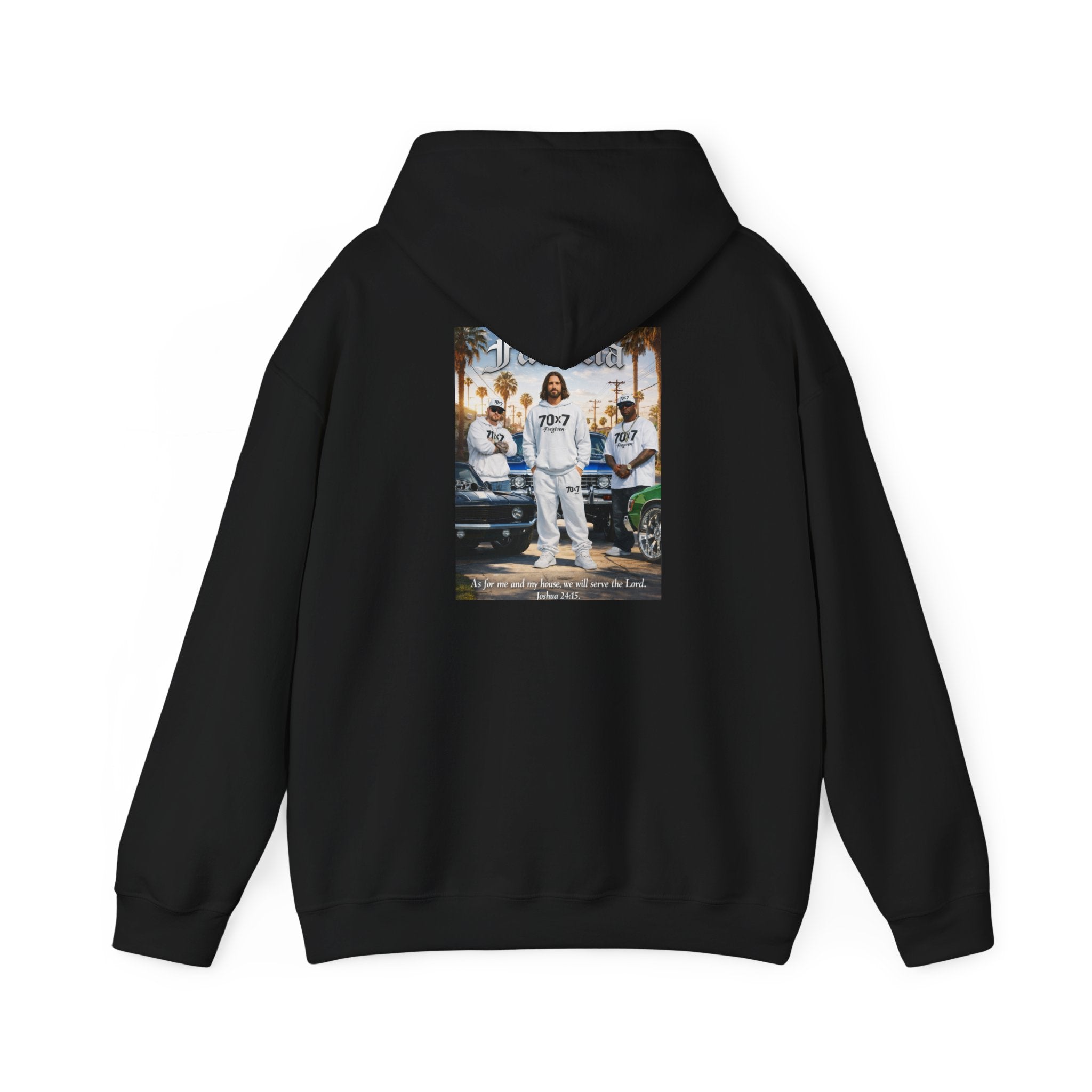 70x7 Streetwear Familia Hoodie — Graphic White Pullover with Back Album-Style Print