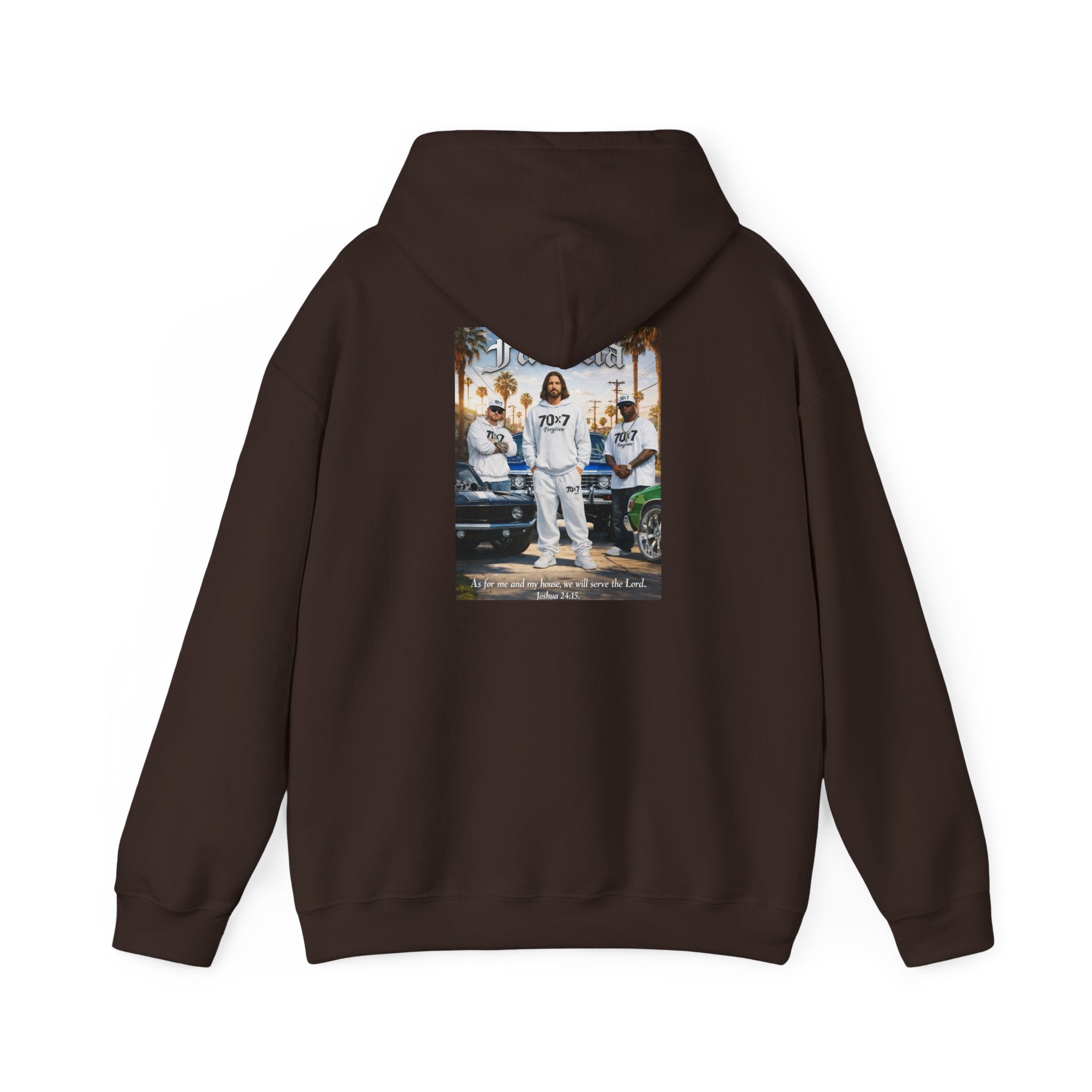 70x7 Streetwear Familia Hoodie — Graphic White Pullover with Back Album-Style Print