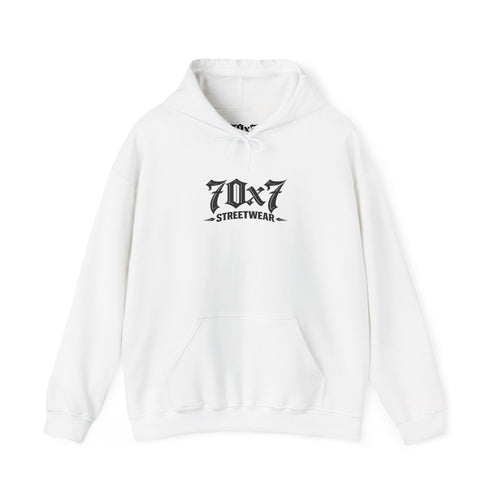 70x7 Streetwear Familia Hoodie — Graphic White Pullover with Back Album-Style Print