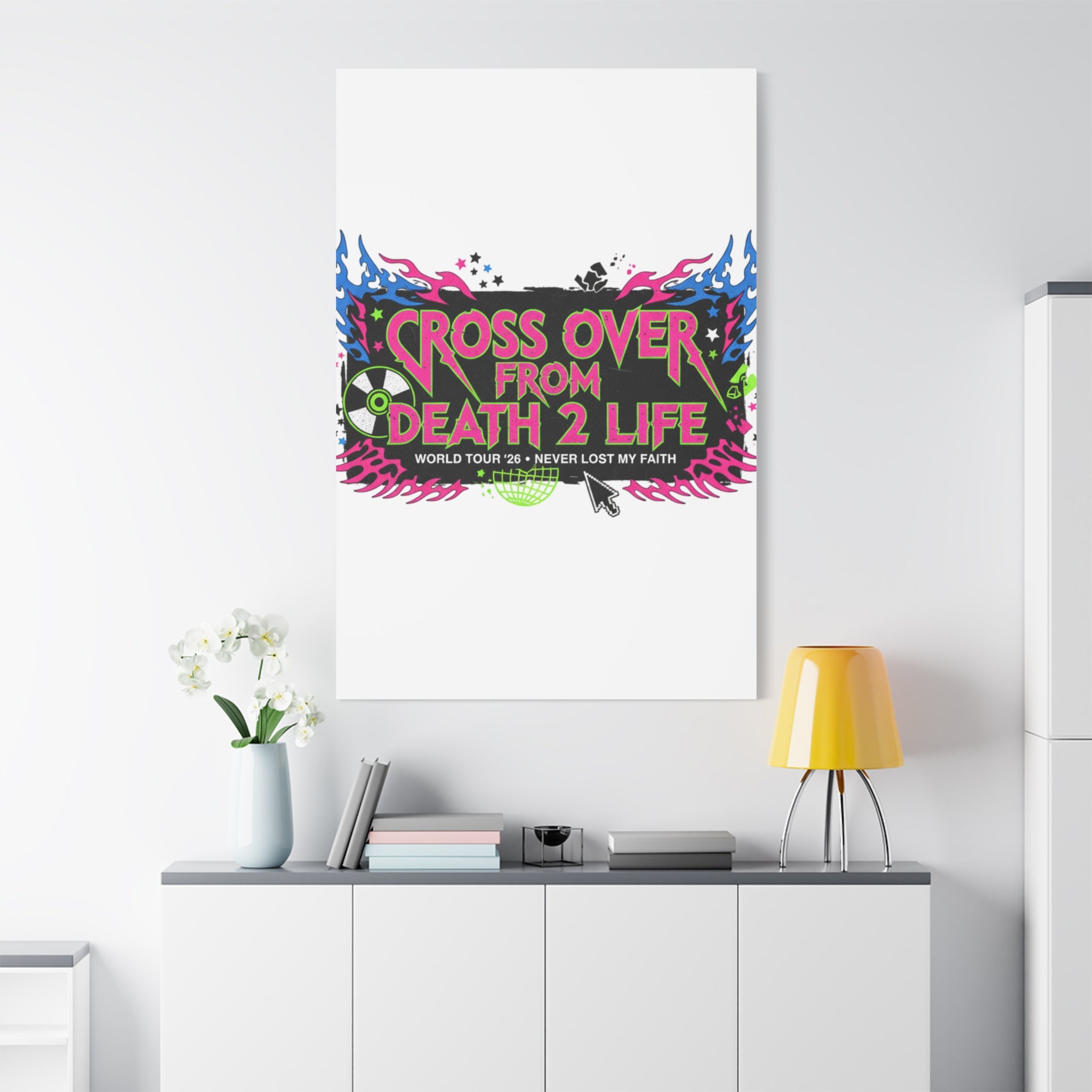 Canvas Wall Art — “Cross Over From Death 2 Life” Neon Rock Poster
