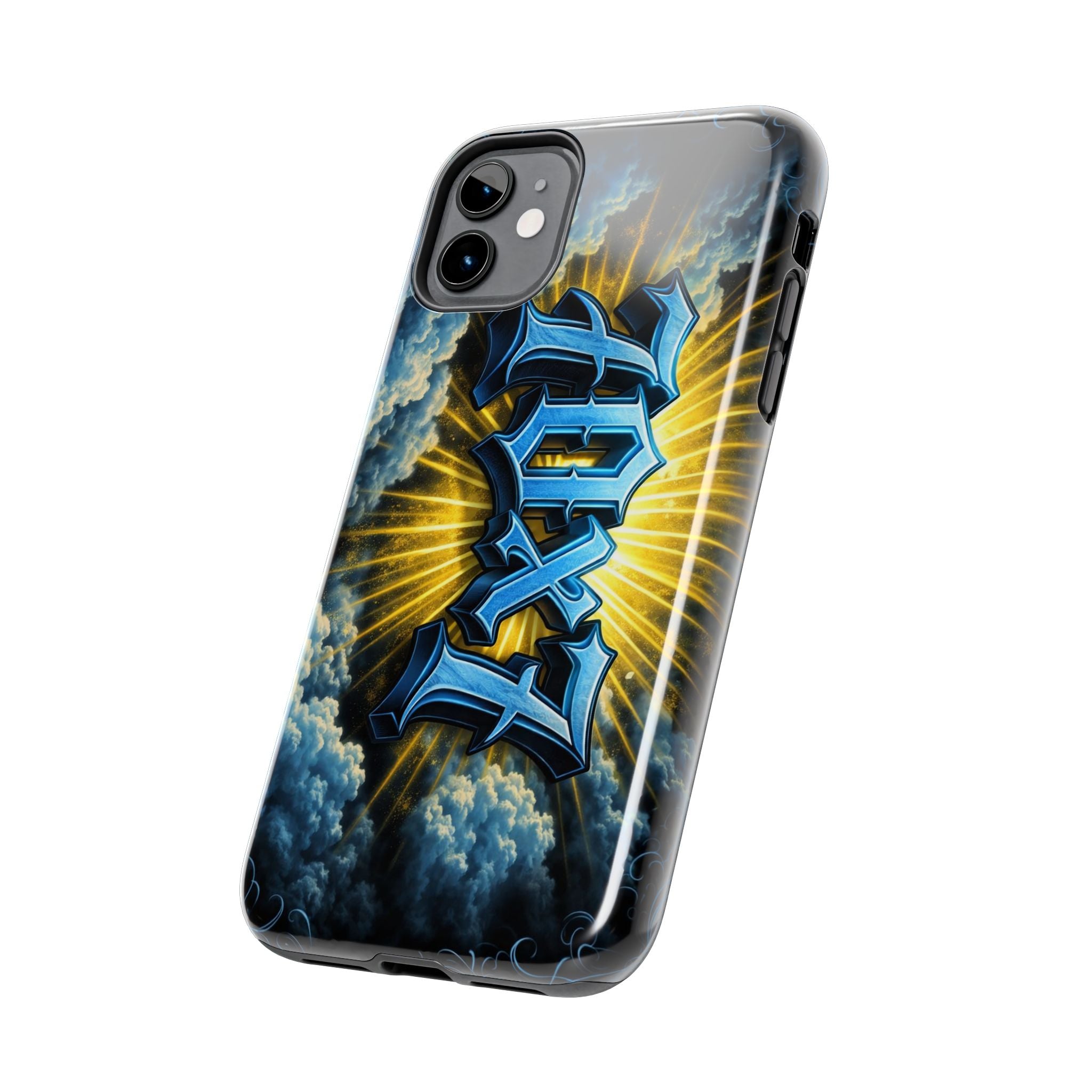 70x7 Streetwear - Tough Phone Case — Bold Blue Graffiti Name with Sunburst Clouds