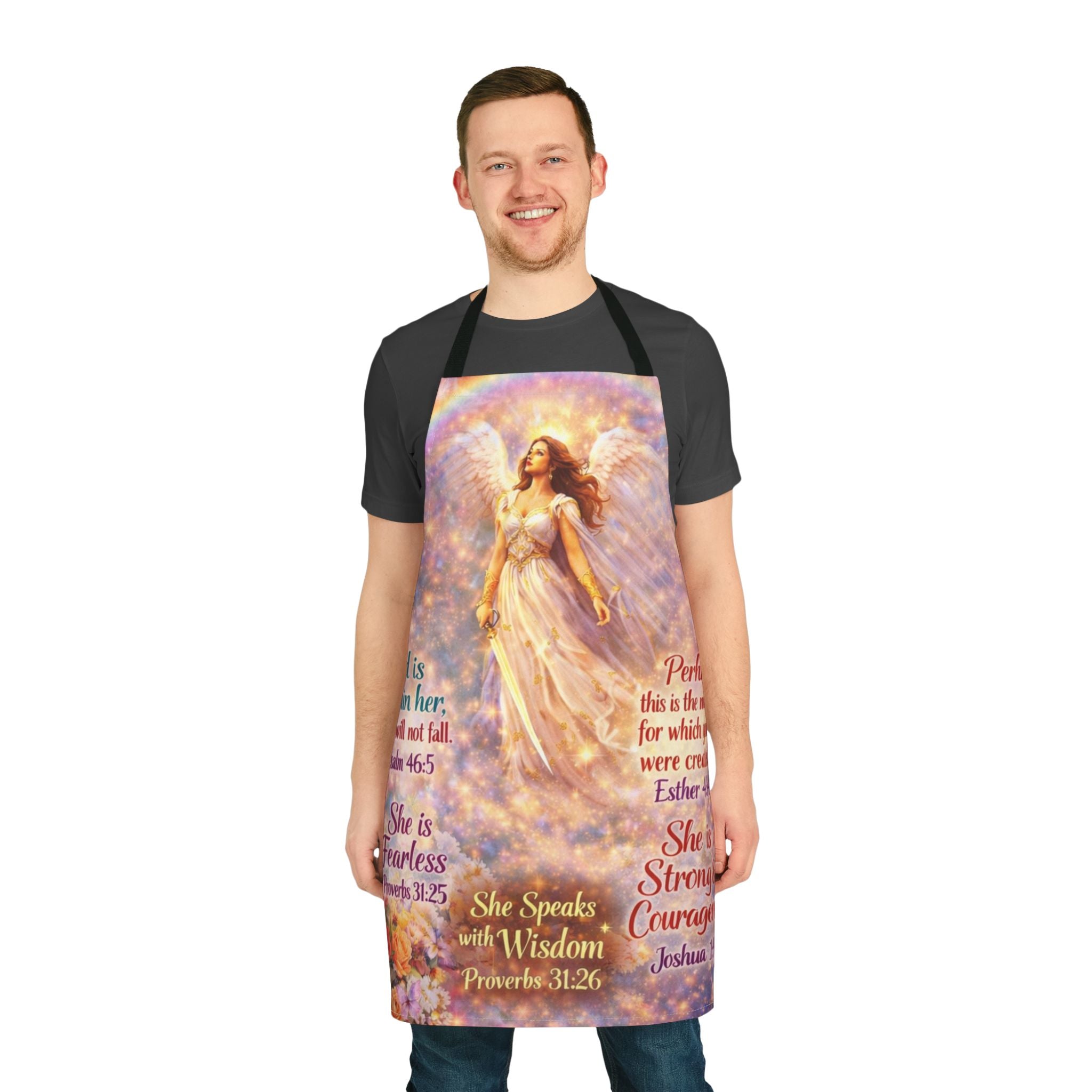 Angel Prayer Apron — Inspirational Scripture Kitchen Apron (She Is Fearless, Strong & Courageous)