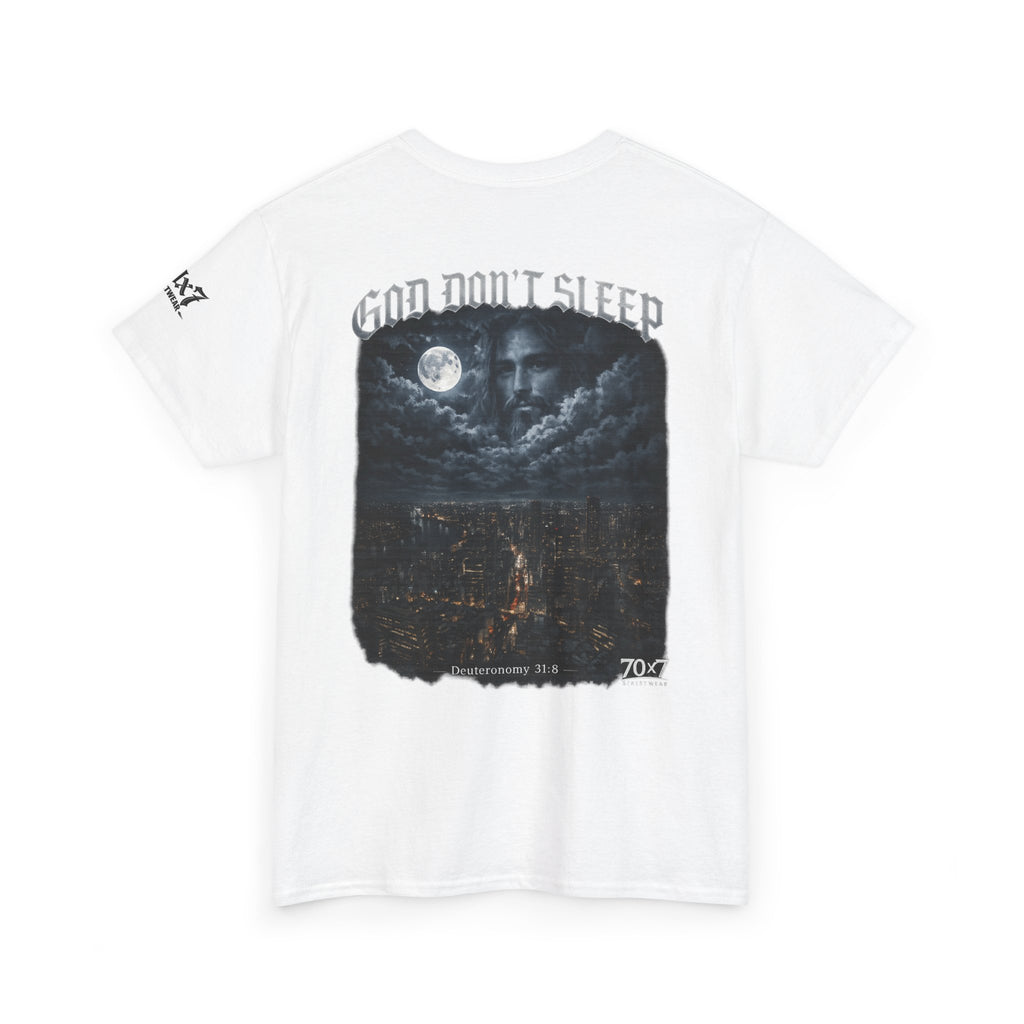 70x7 Streetwear - God Don't Sleep Graphic Tee — Night Cityscape Streetwear