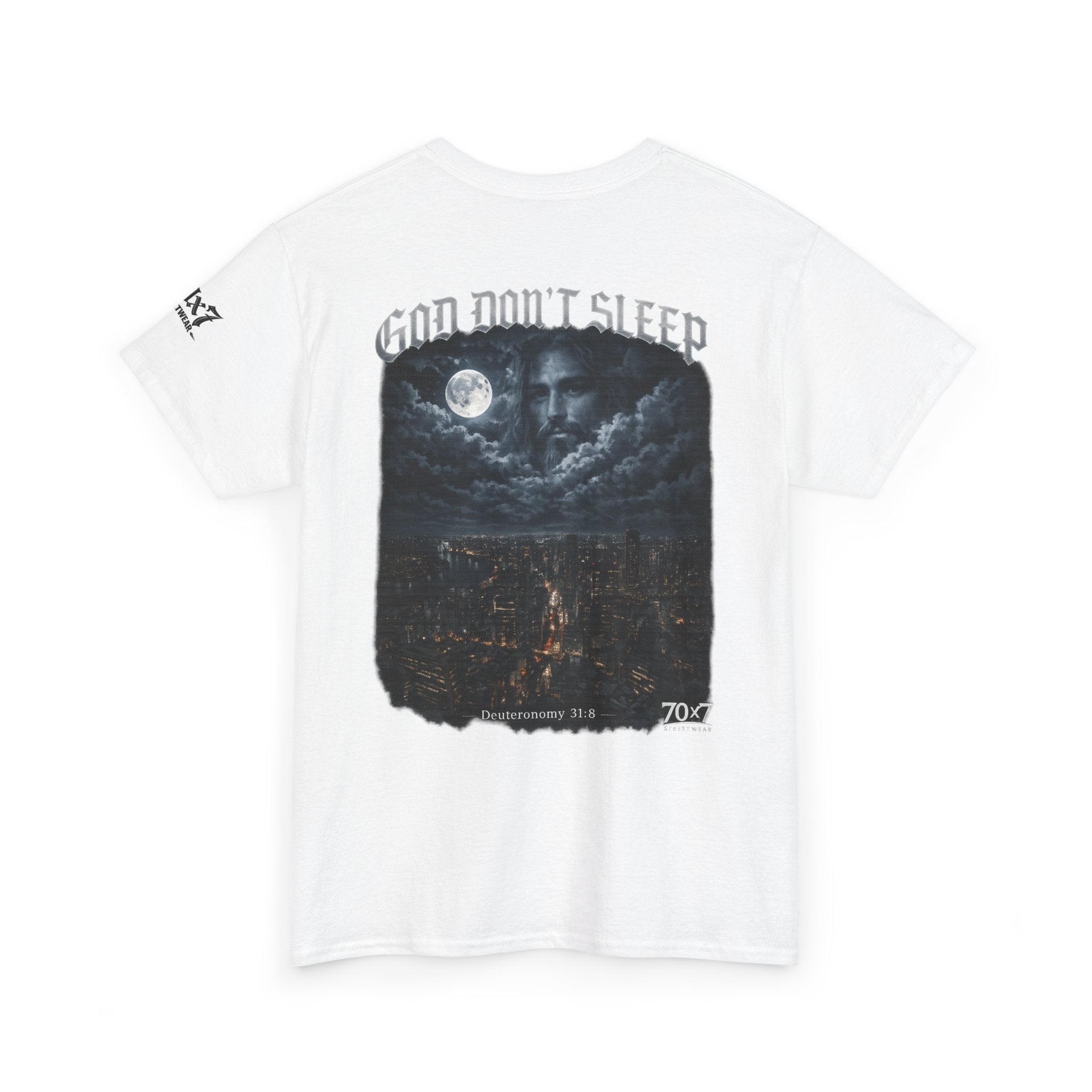 70x7 Streetwear - God Don't Sleep Graphic Tee — Night Cityscape Streetwear