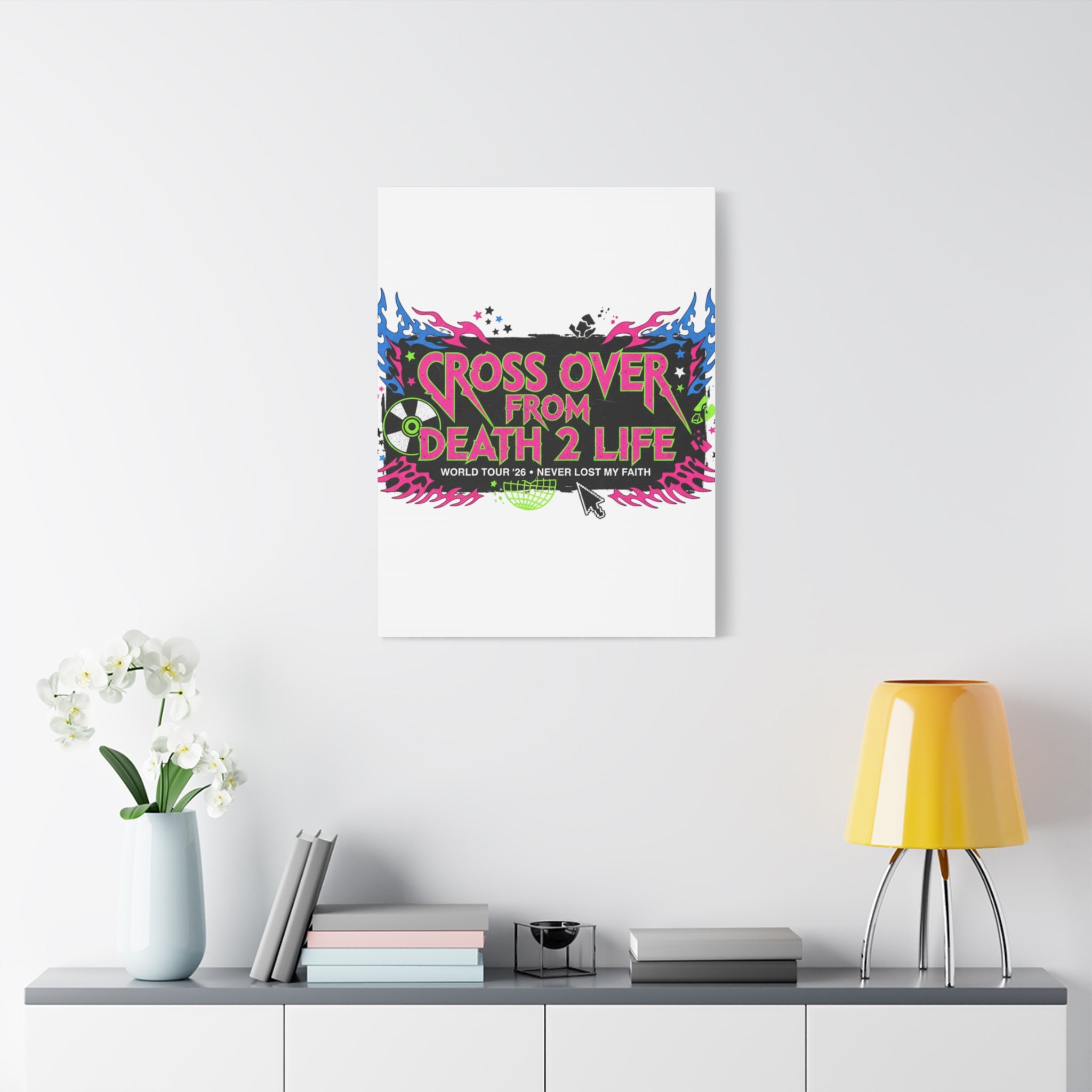 Canvas Wall Art — “Cross Over From Death 2 Life” Neon Rock Poster