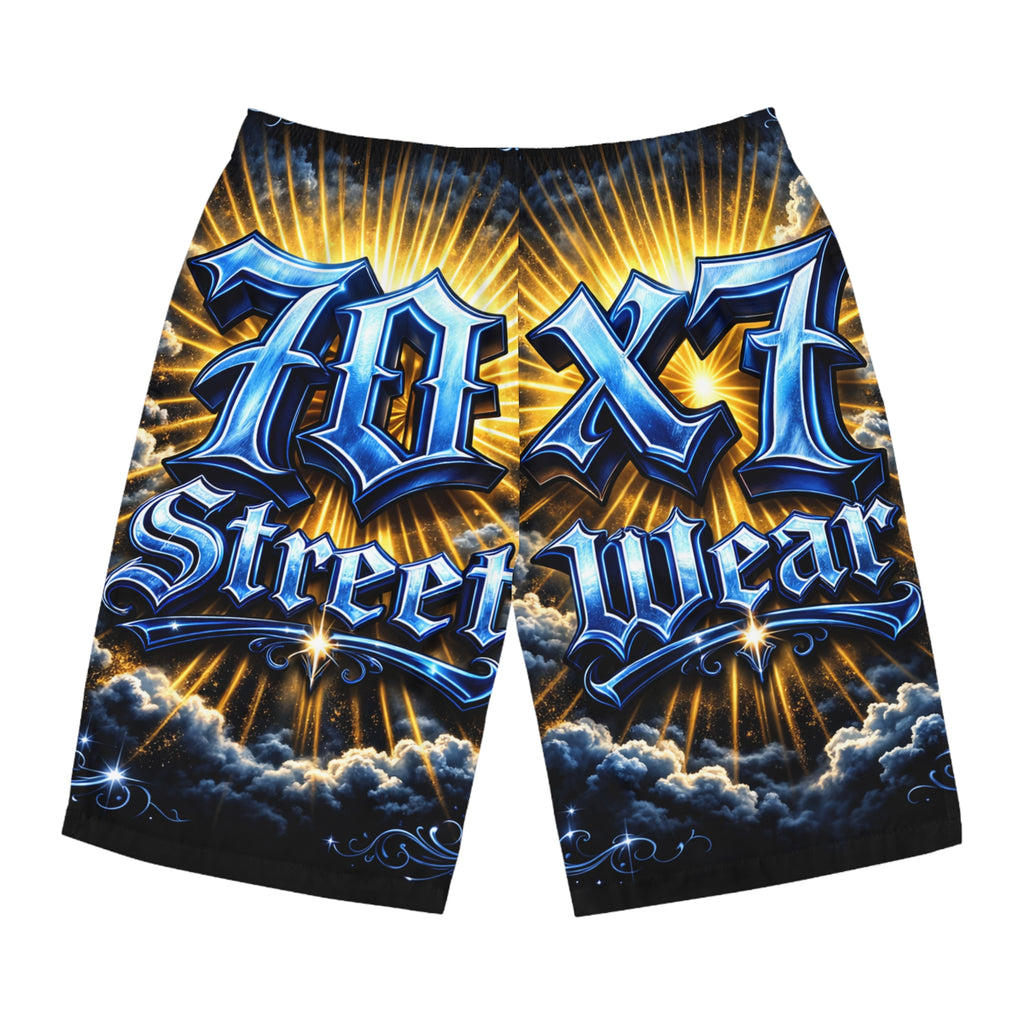 70x7 Streetwear Logo Board Shorts — '70x7 Streetwear' Graphic Men's Swim Trunks