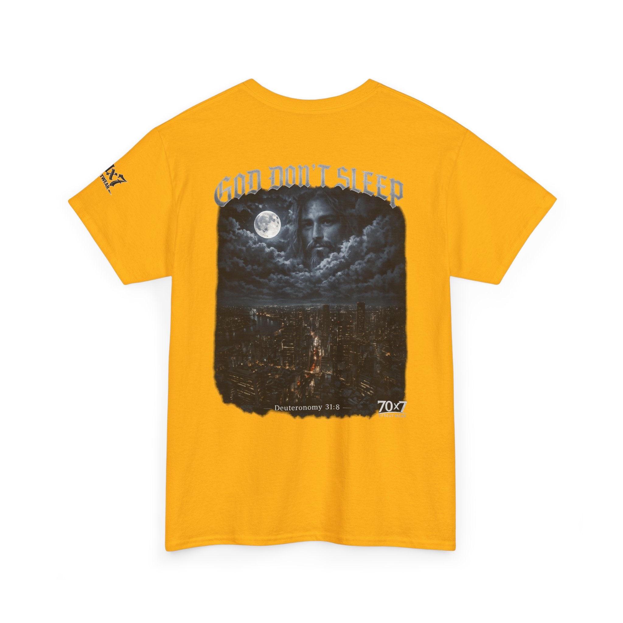 70x7 Streetwear - God Don't Sleep Graphic Tee — Night Cityscape Streetwear
