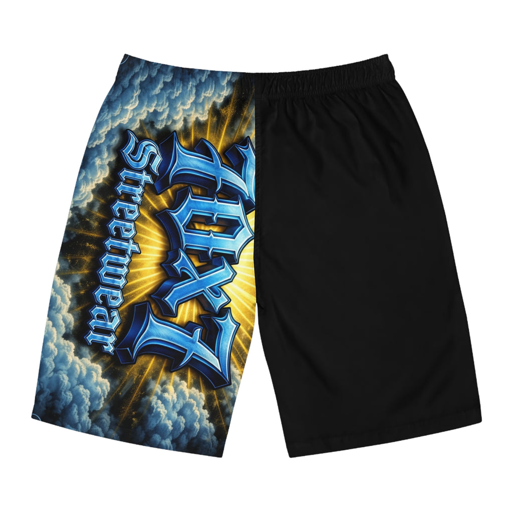 70x7 Streetwear Men's Board Shorts — Bold Blue Graffiti Graphic