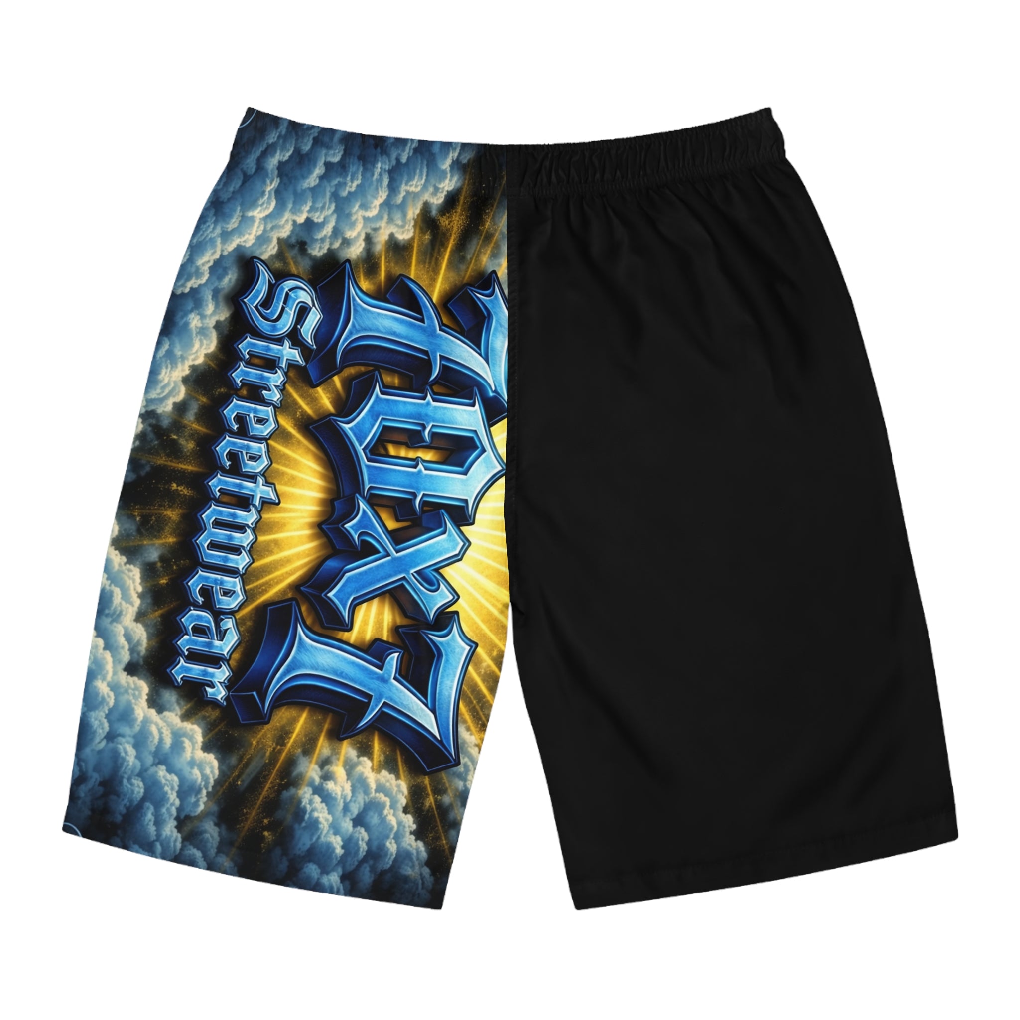 70x7 Streetwear Men's Board Shorts — Bold Blue Graffiti Graphic