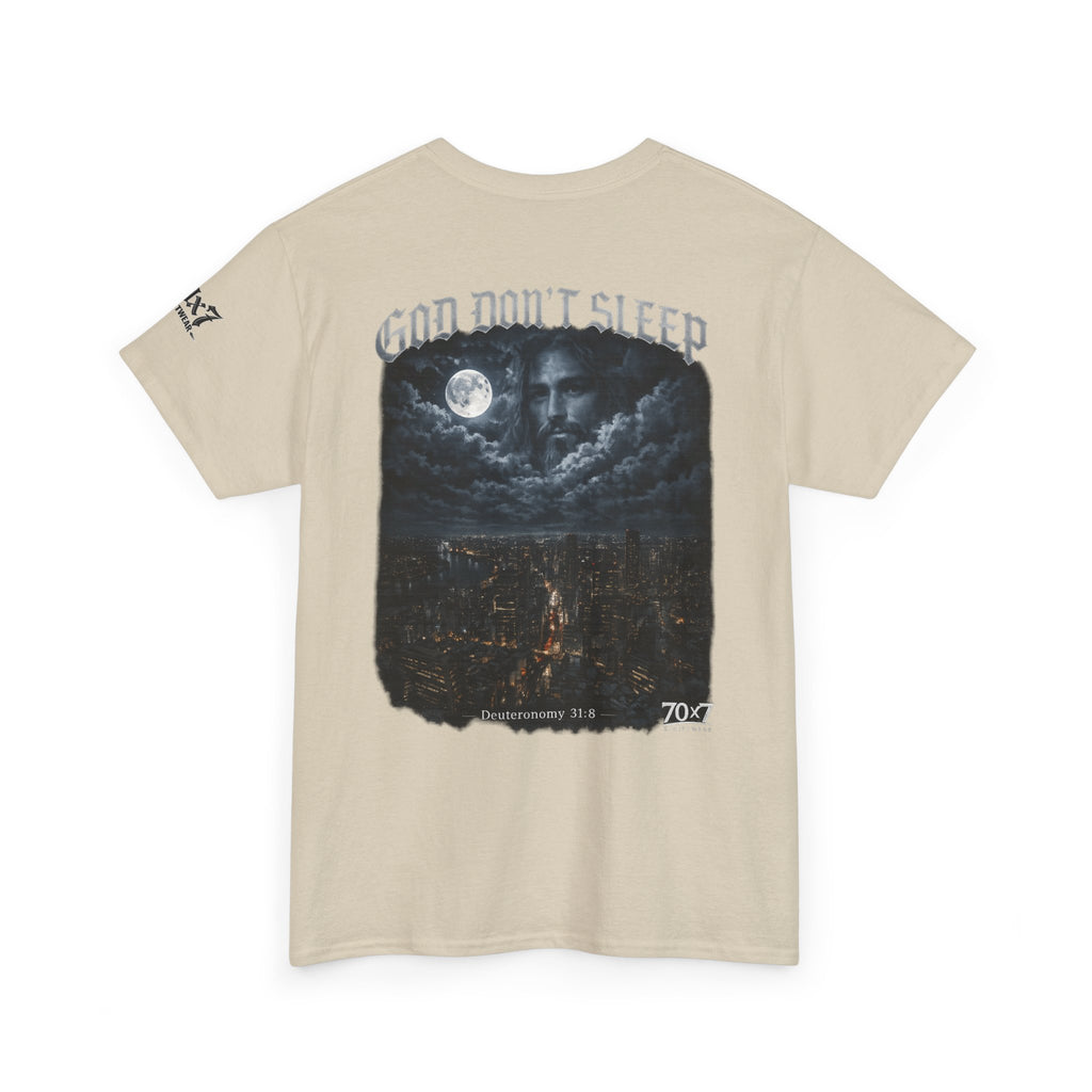 70x7 Streetwear - God Don't Sleep Graphic Tee — Night Cityscape Streetwear