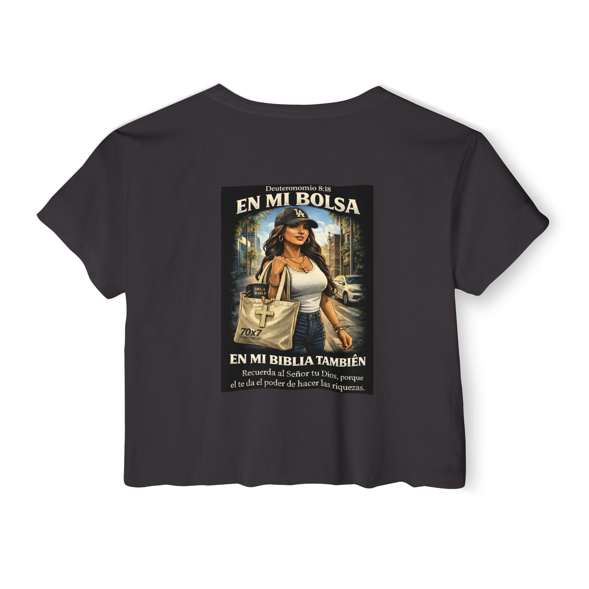 Women's Crop Top — "En Mi Bolsa, En Mi Biblia También" 70 x7 Streetwear Graphic