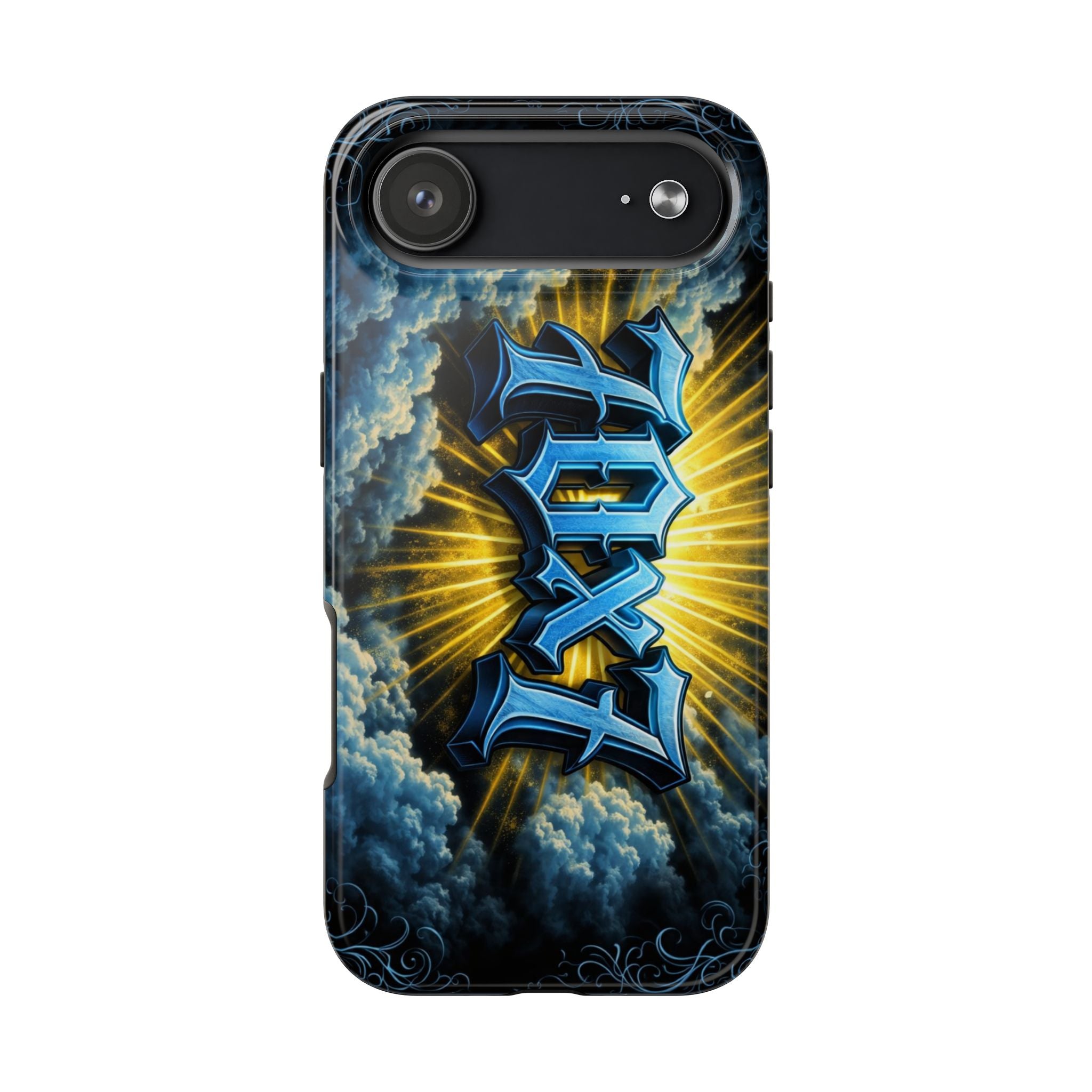 70x7 Streetwear - Tough Phone Case — Bold Blue Graffiti Name with Sunburst Clouds