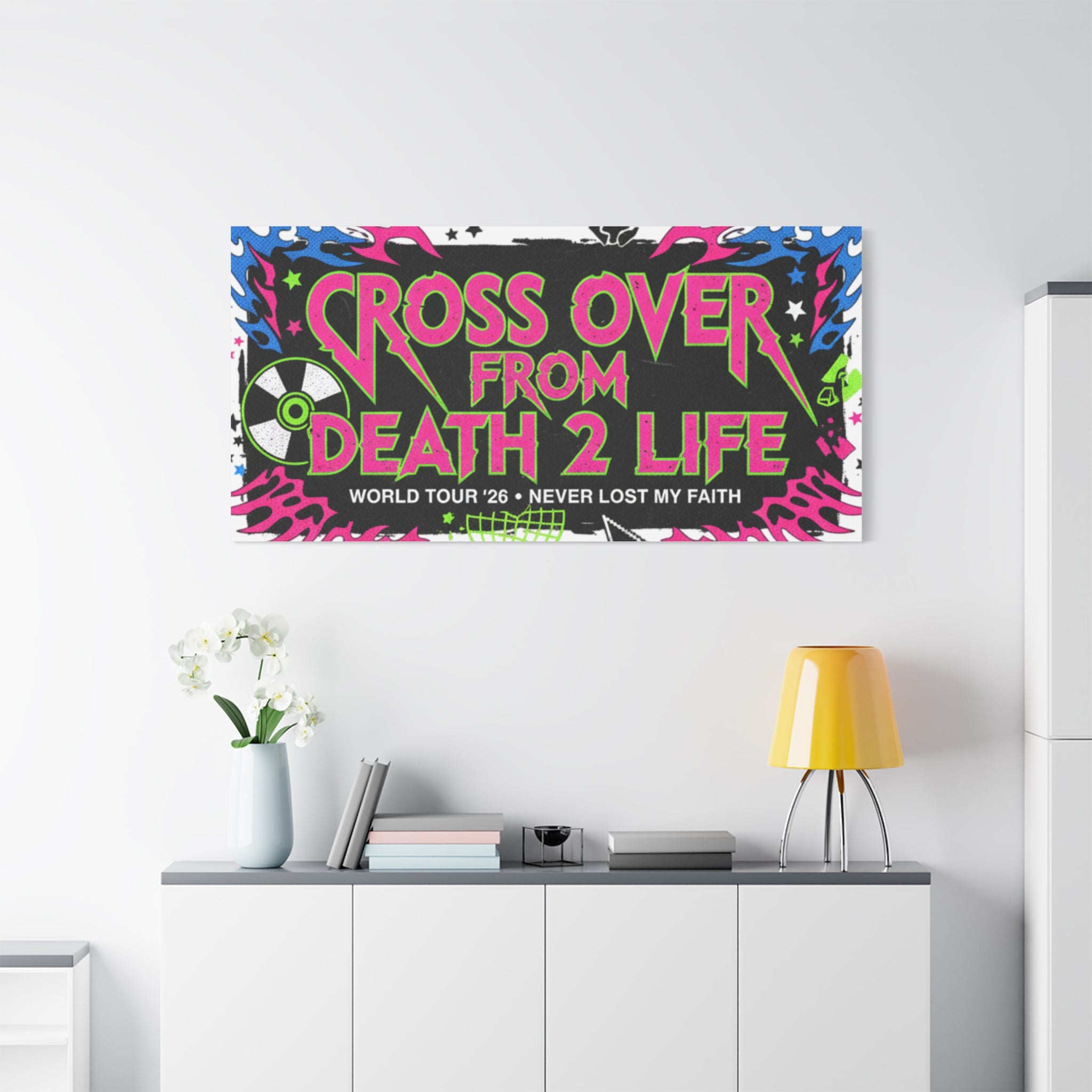 Canvas Wall Art — “Cross Over From Death 2 Life” Neon Rock Poster