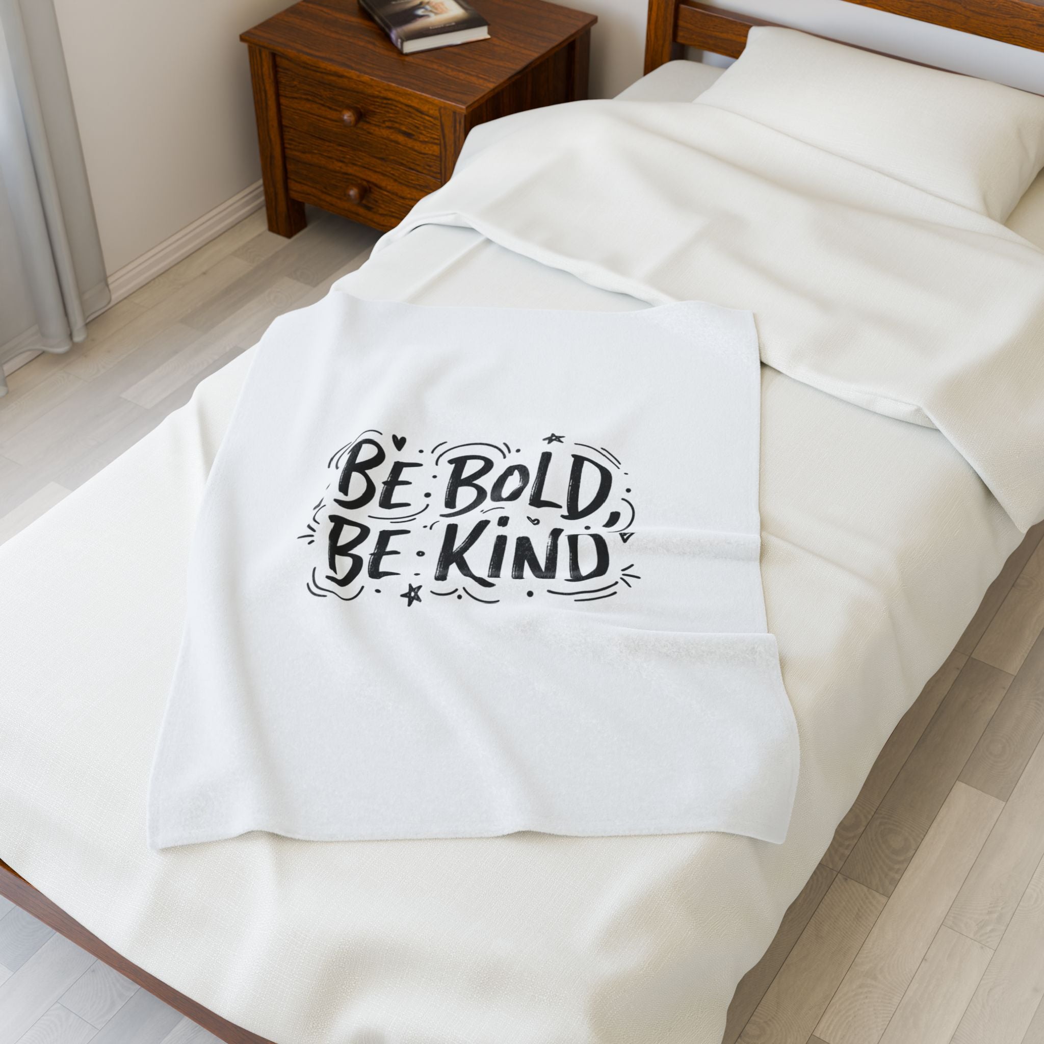 Be Bold Be Kind Velveteen Plush Blanket | Handwritten Marker Brush Script, Cozy Cream