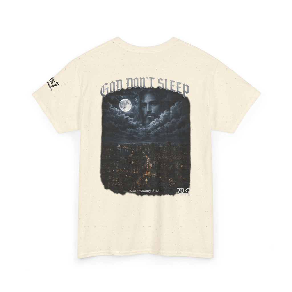 70x7 Streetwear - God Don't Sleep Graphic Tee — Night Cityscape Streetwear