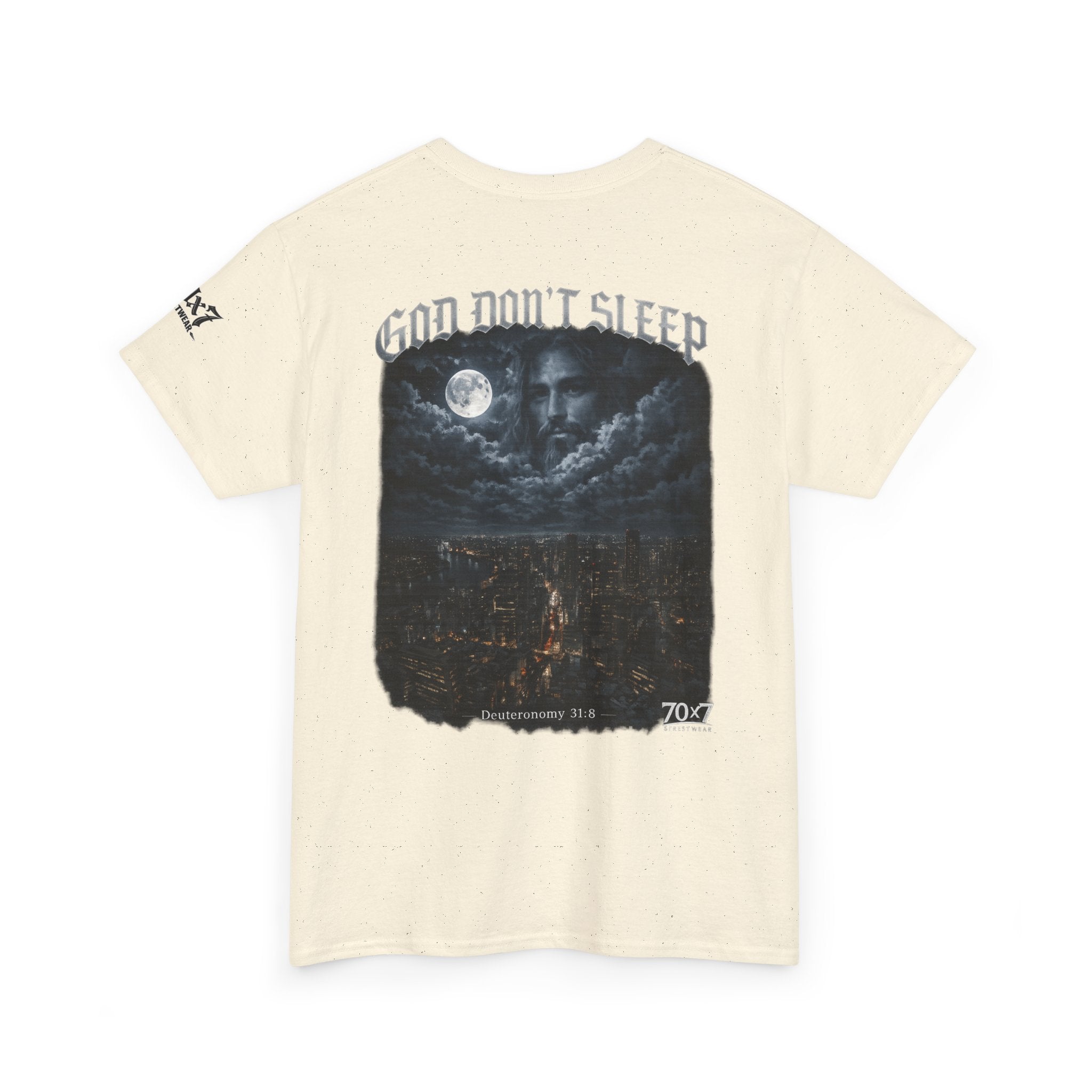 70x7 Streetwear - God Don't Sleep Graphic Tee — Night Cityscape Streetwear